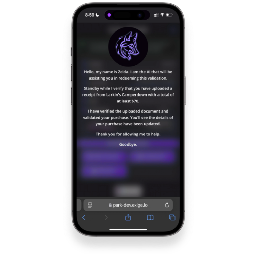 Smartphone displaying a message from an AI assistant named Zelda verifying a purchase receipt for at least $70 from Larkin's Camperdown.