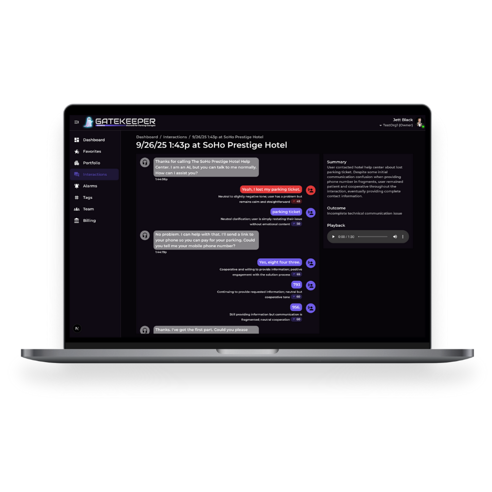 Laptop screen displaying a chat interface with dark mode theme, showing a conversation about parking issues at SoHo Prestige Hotel.