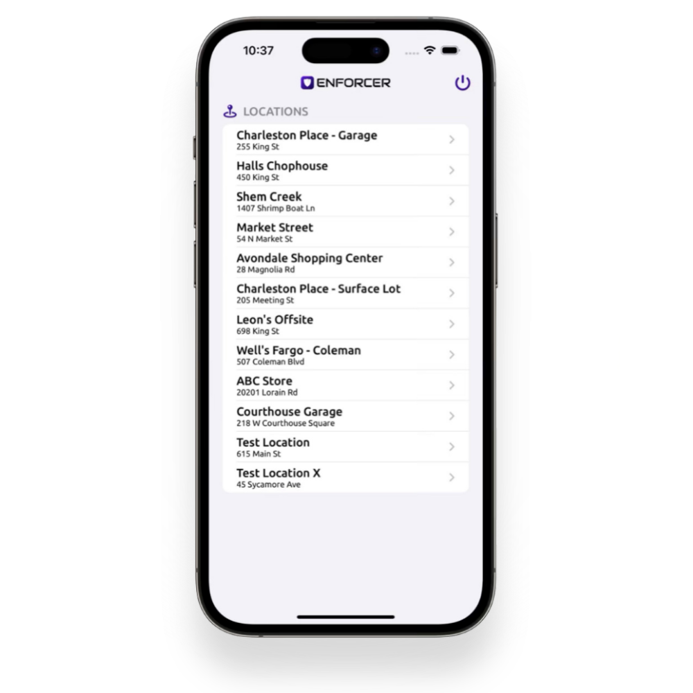 Smartphone screen displaying a security app with a list of various locations in Charleston, South Carolina.