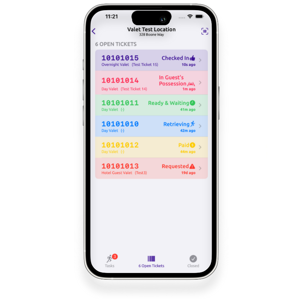 Smartphone screen displaying a valet test location with six open tickets, each showing different statuses and colors, such as checked in, in guest's possession, ready and waiting, retrieving, paid, and requested.