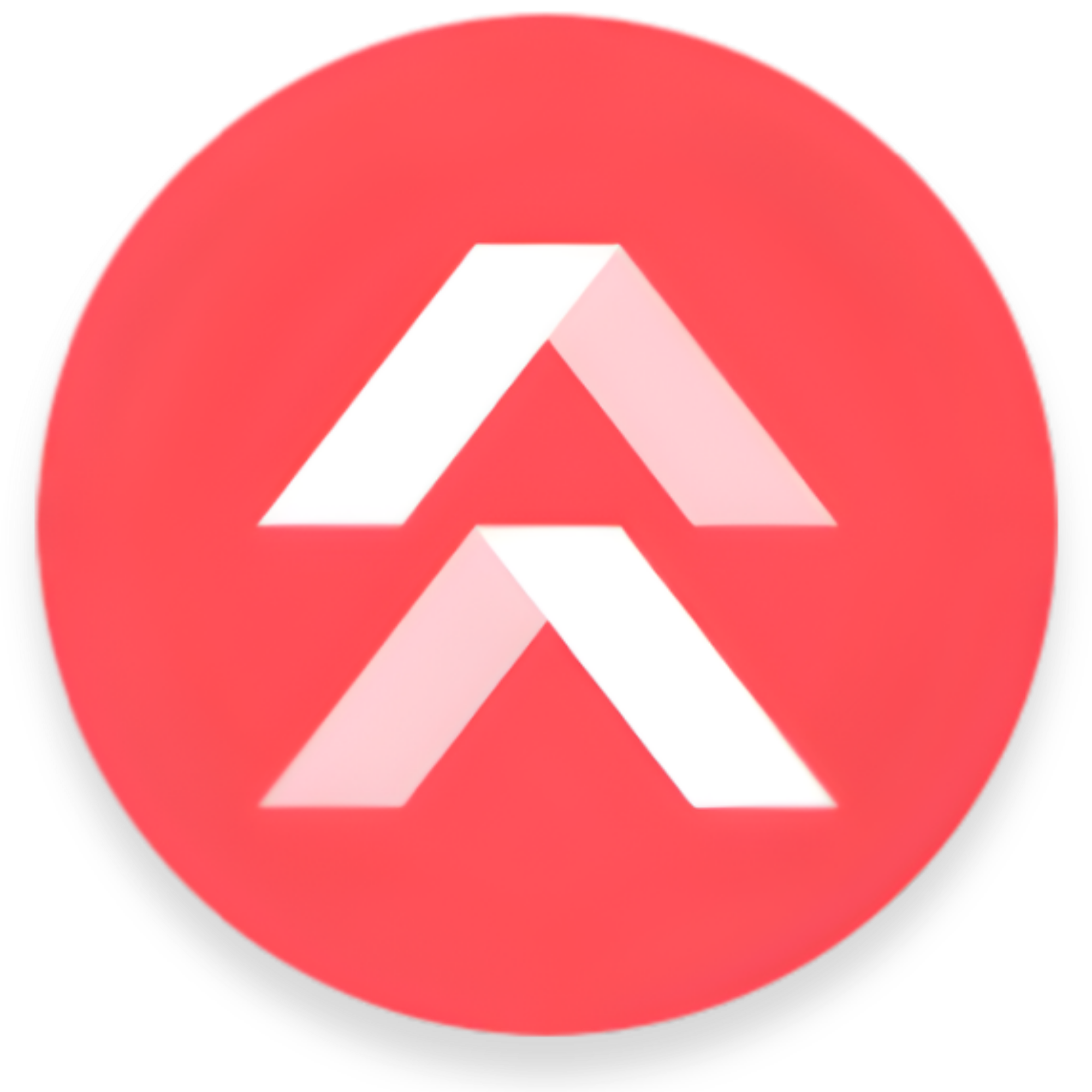 Red circular logo with a stylized white and pink interlocking geometric design in the center.