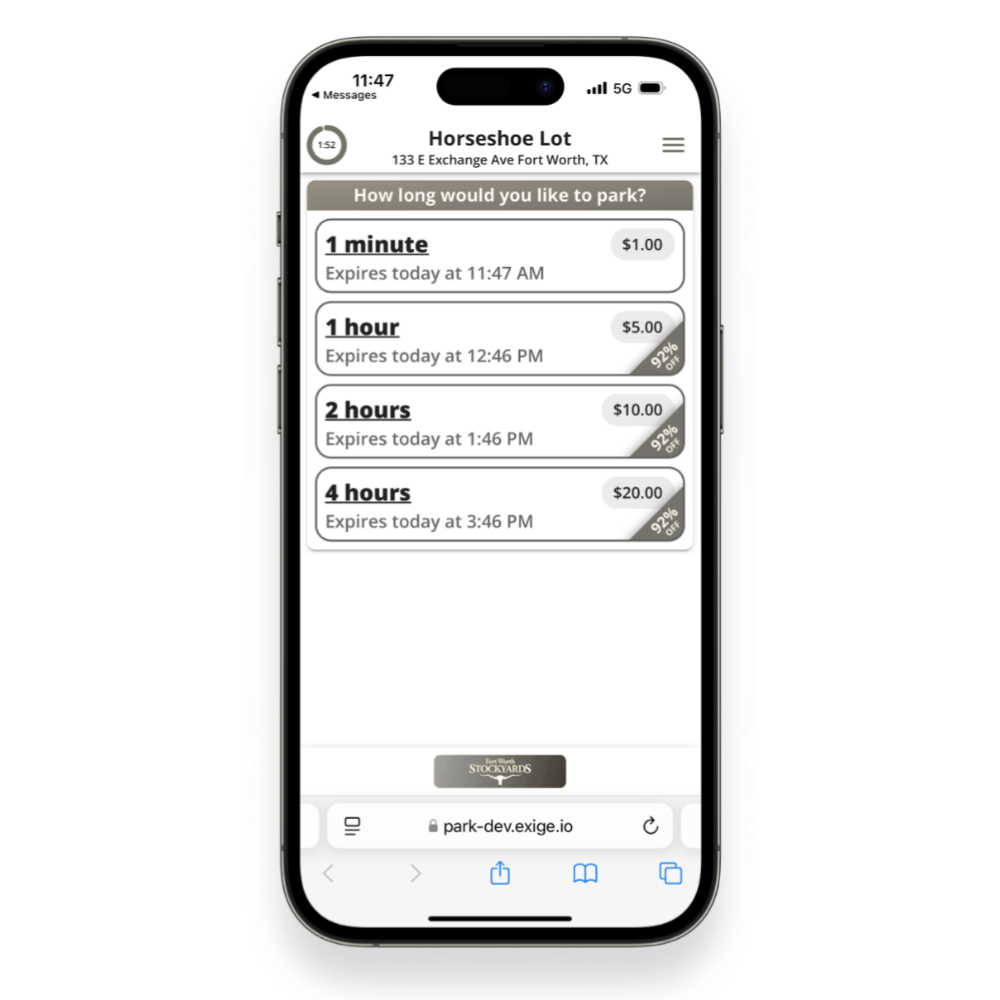 Mobile phone screen displaying a parking payment app for Horseshoe Lot in Fort Worth, TX, with options for parking durations from 1 minute to 4 hours and their prices, including expiration times.