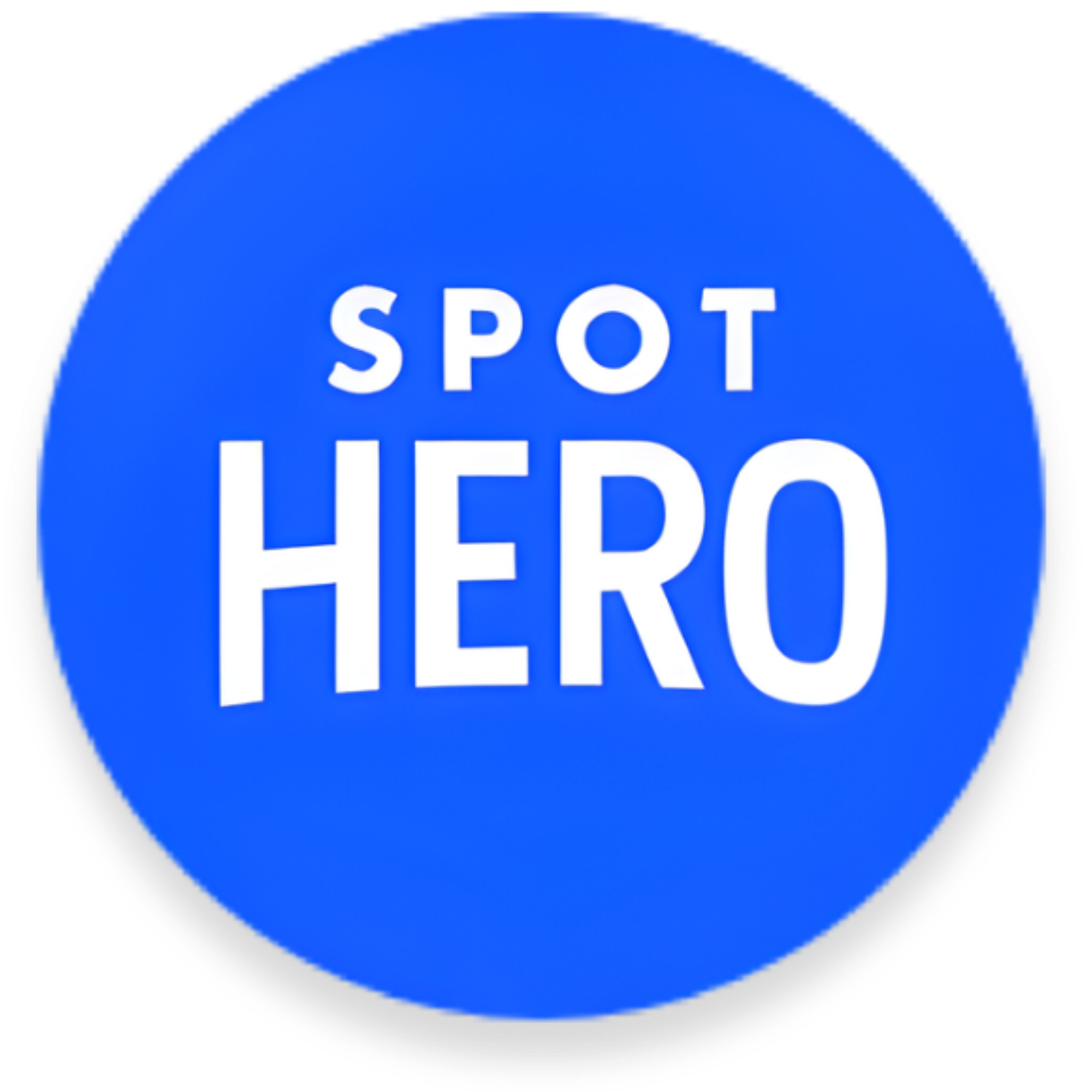 Blue circular button with white text that reads "SPOT HERO".
