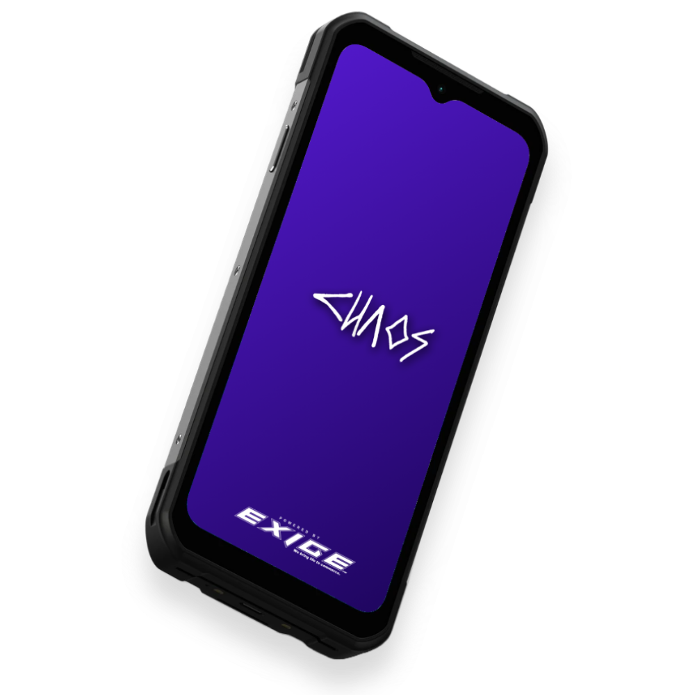 A smartphone with a purple screen displaying the text 'SQUAD' and the logo for Exige.