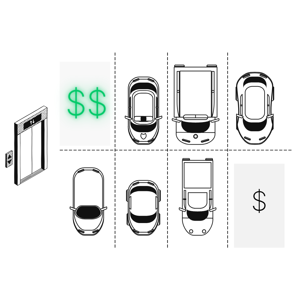 Top-down view of a parking lot with eight cars parked. An elevator shaft on the left with a green dollar sign next to it is visible.