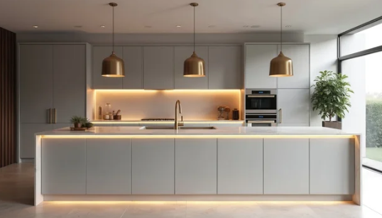 Modern kitchen with white cabinets, gold pendant lights, and a large island with under-cabinet lighting, next to a window with a view of greenery.