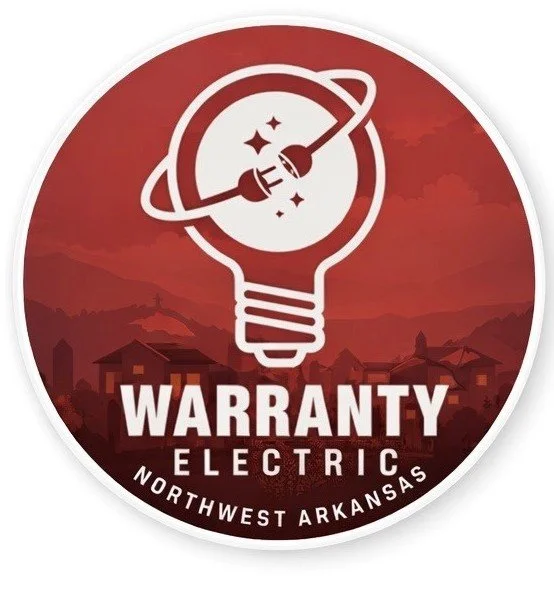 Logo for Warranty Electrics in Northwest Arkansas, featuring a light bulb with a rocket and stars inside, set against a red sky background with silhouettes of houses.
