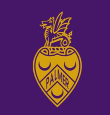 A purple background with a gold emblem featuring a dragon, a shield with the word "Palmer," and a crescent moon.