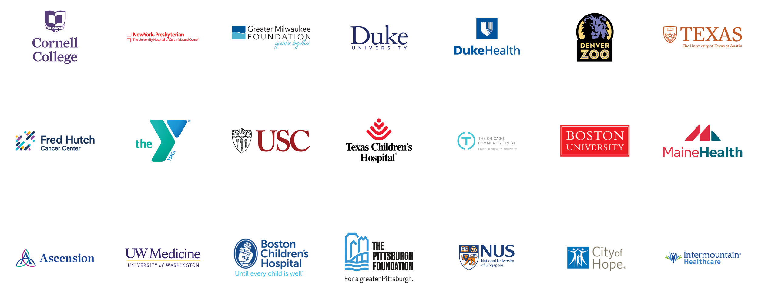 A collection of logos from various universities, hospitals, and organizations, including Cornell College, New York-Presbyterian, Greater Milwaukee Foundation, Duke University, Duke Health, Denver Zoo, University of Texas at Austin, USC, Texas Childre