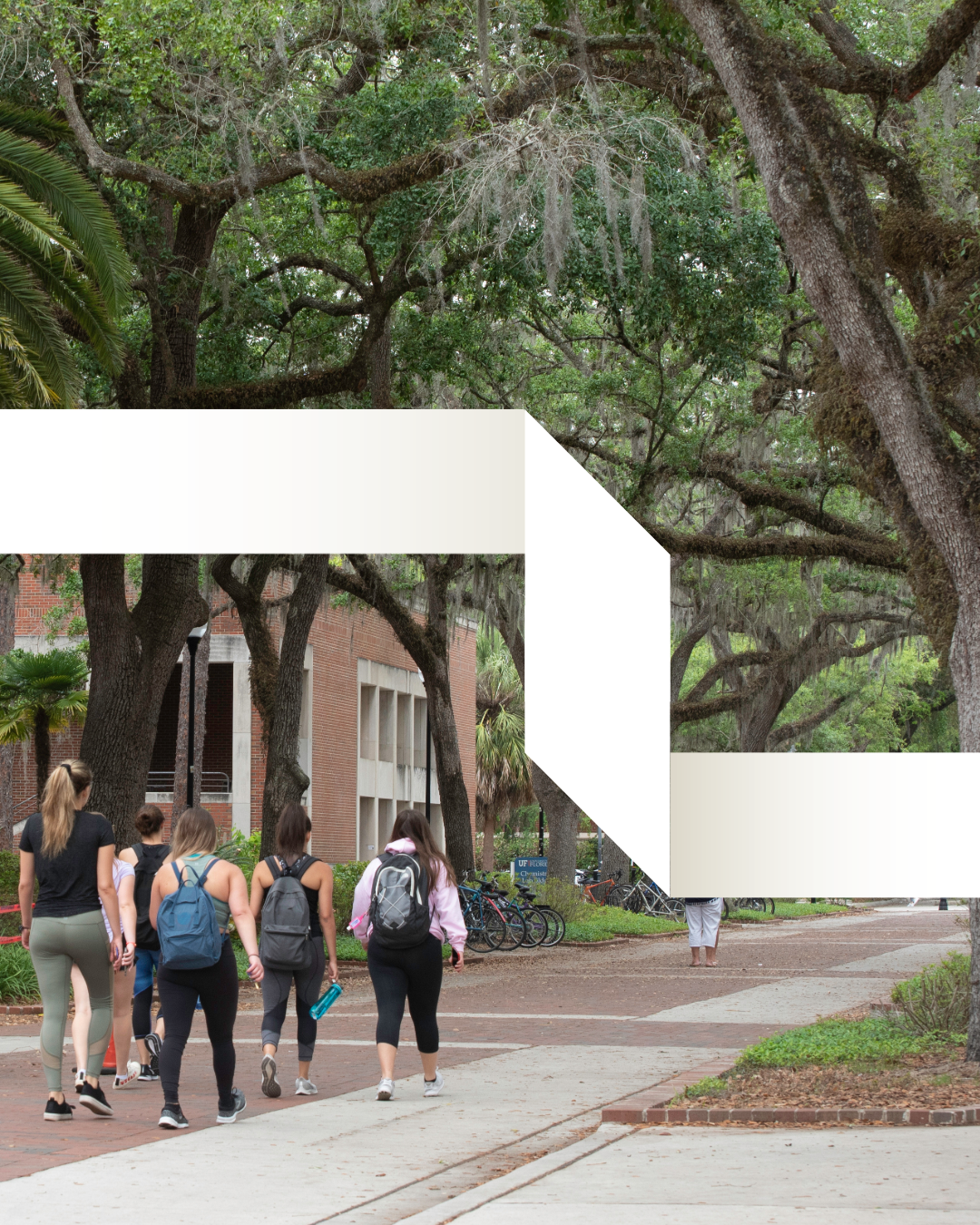 Group of students walking on campus sidewalk with trees and brick building in the background.