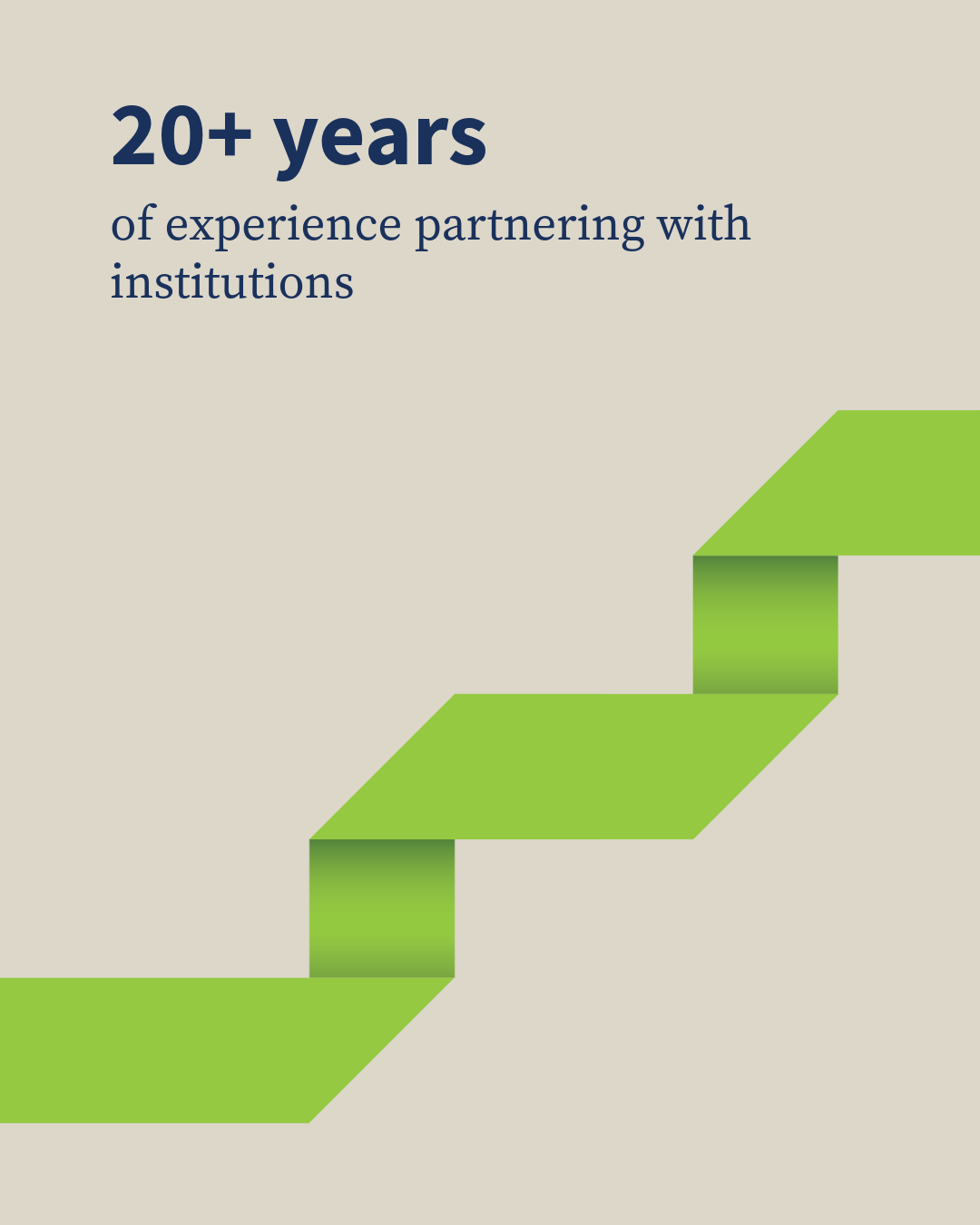 Graphic with text: "20+ years of experience partnering with institutions" and a green geometric ribbon design.