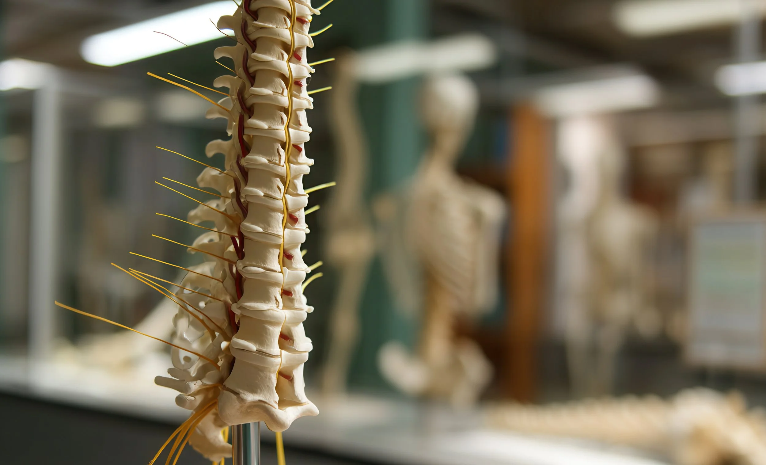 A detailed anatomical model of the human spine, showing vertebrae and nerves.