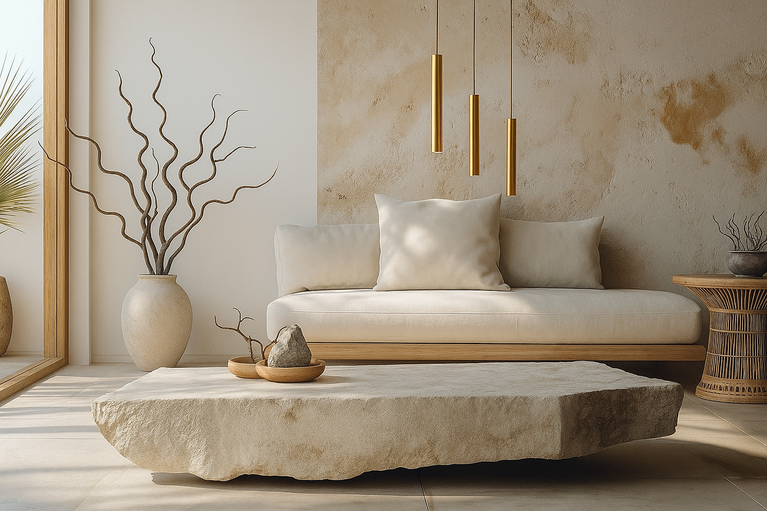 Minimalist desert living room with raw stone coffee table, neutral sofa, plaster walls, and brass pendant lights — quiet luxury by Mystic Sand