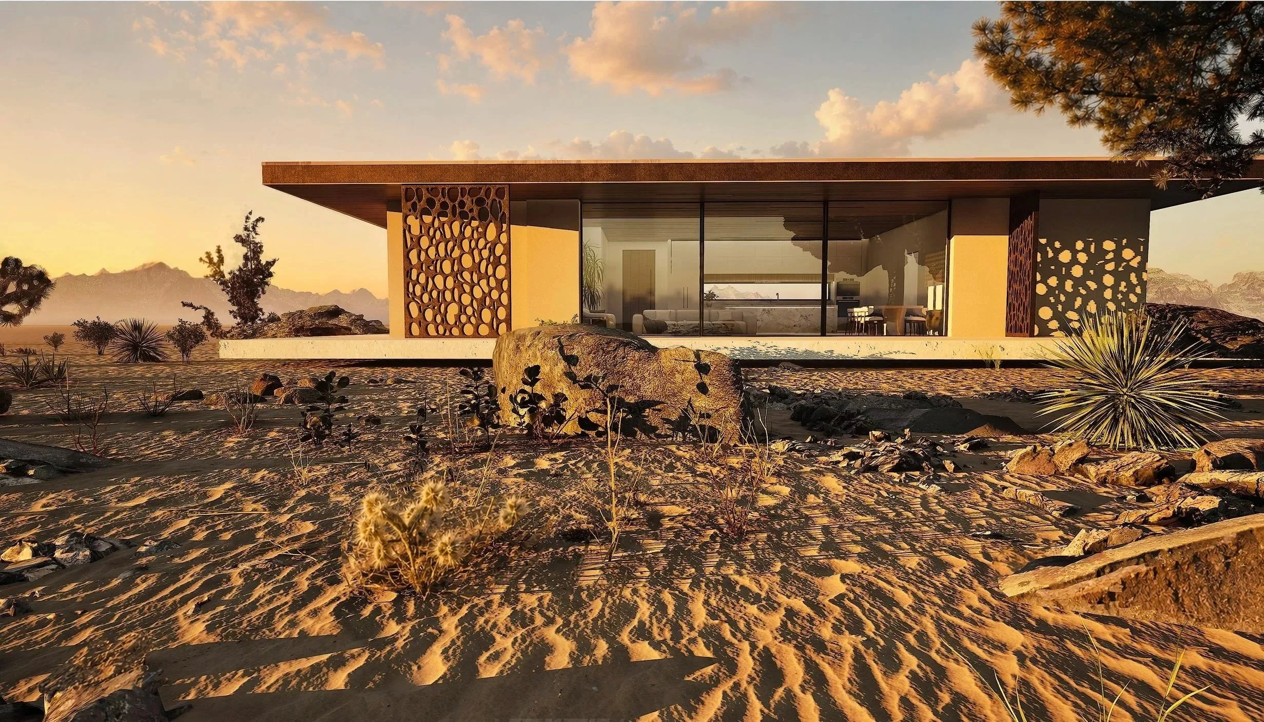 Exterior rendering of Shadow Wash Pavilion by Mystic Sand in Twentynine Palms, California, featuring contemporary desert architecture, floor-to-ceiling glazing, sculptural privacy screens, and native Mojave Desert landscaping at sunset.
