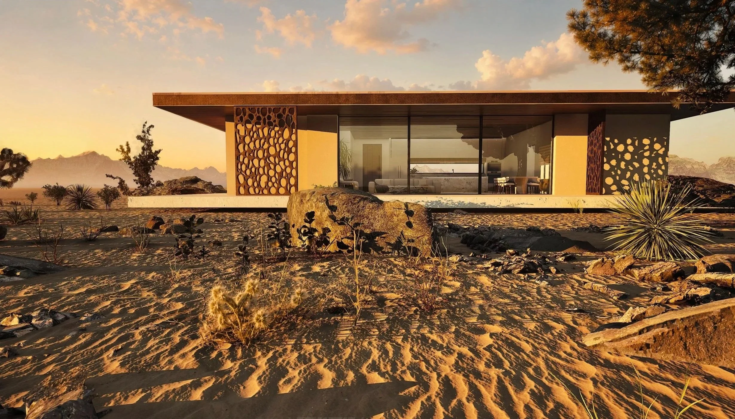 Exterior rendering of Shadow Wash Pavilion by Mystic Sand in Twentynine Palms, California, featuring contemporary desert architecture, floor-to-ceiling glazing, sculptural privacy screens, and native Mojave Desert landscaping at sunset.