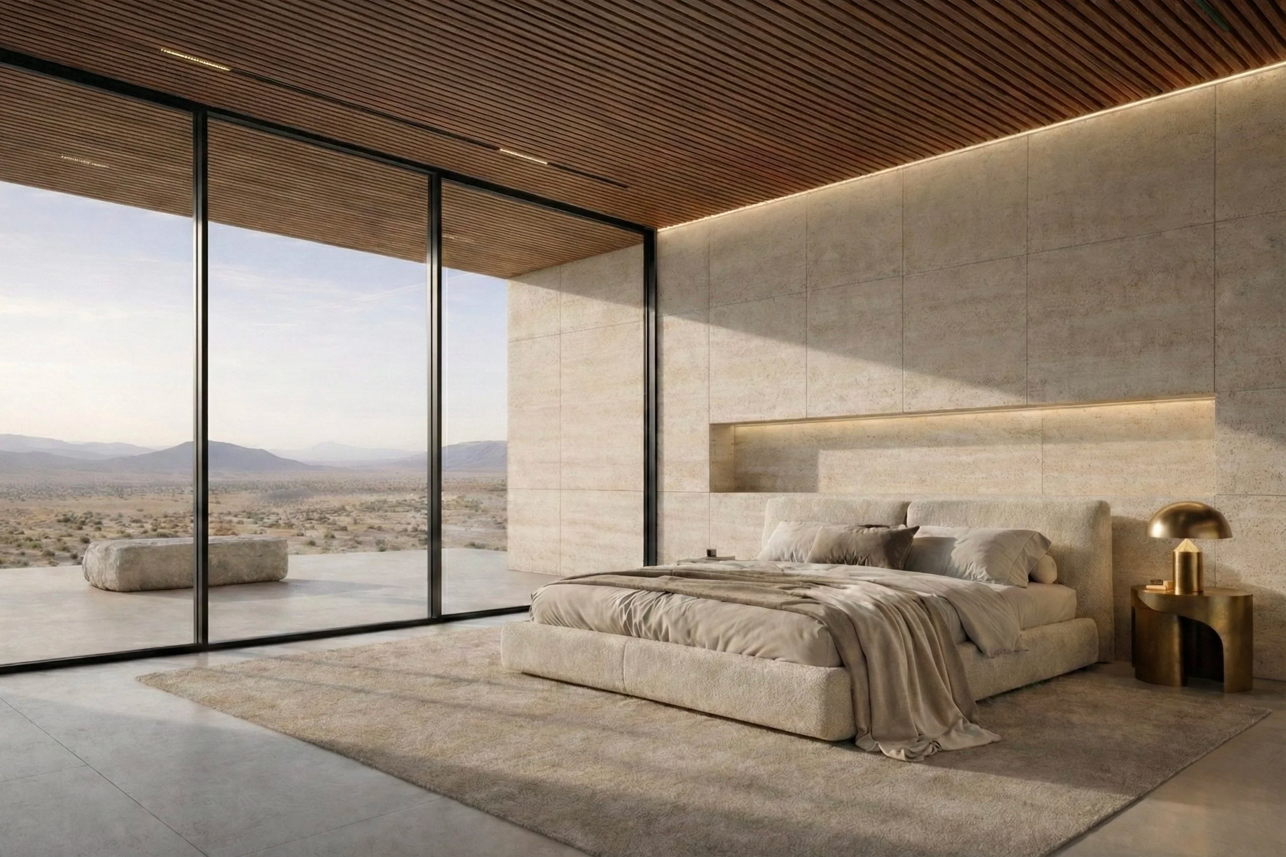 Contemporary bedroom with floor-to-ceiling desert views, travertine flooring, warm wood ceiling, and minimalist interior design.