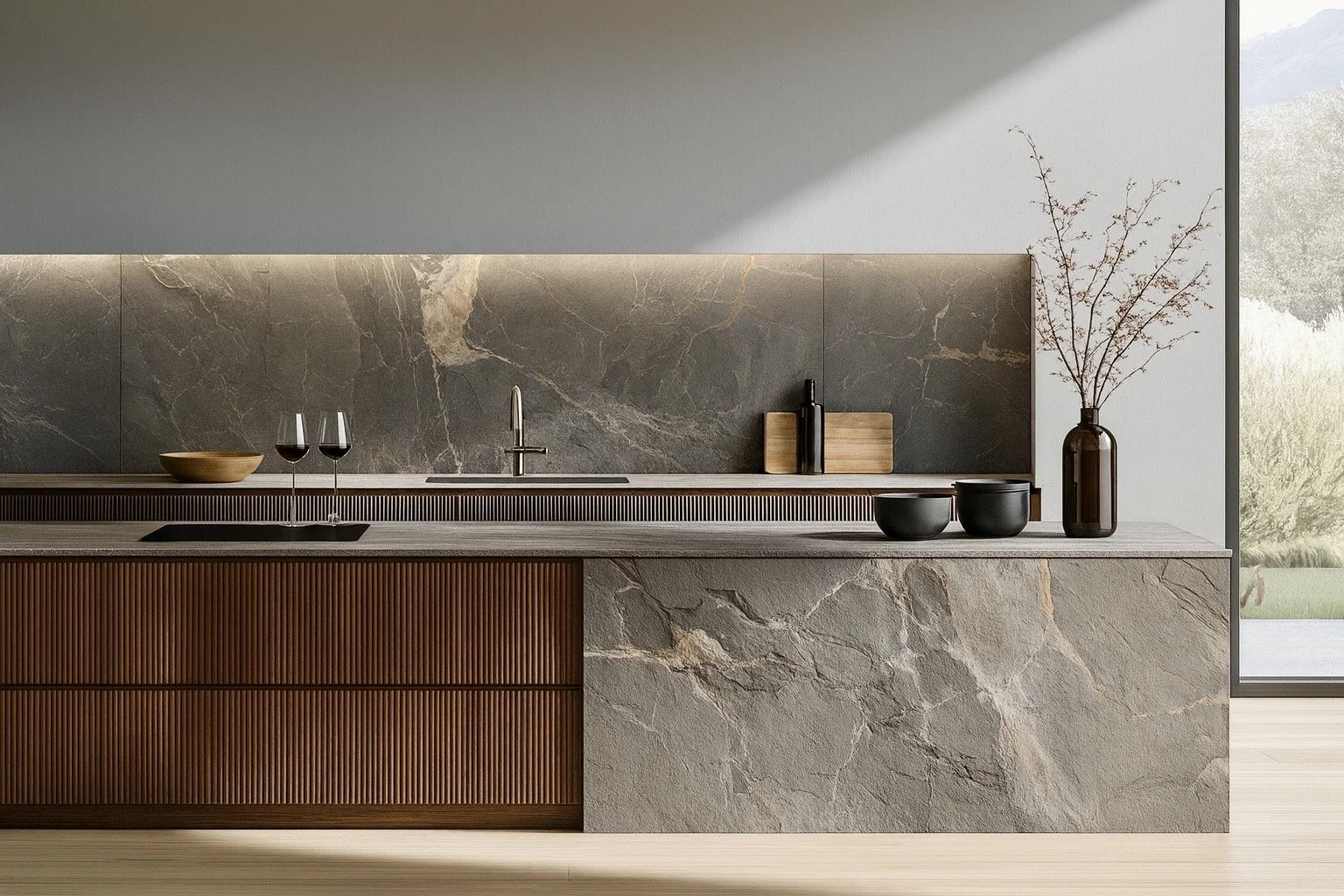 Luxury kitchen with natural stone island, fluted wood cabinets, and minimalist desert-inspired design by Mystic Sand.