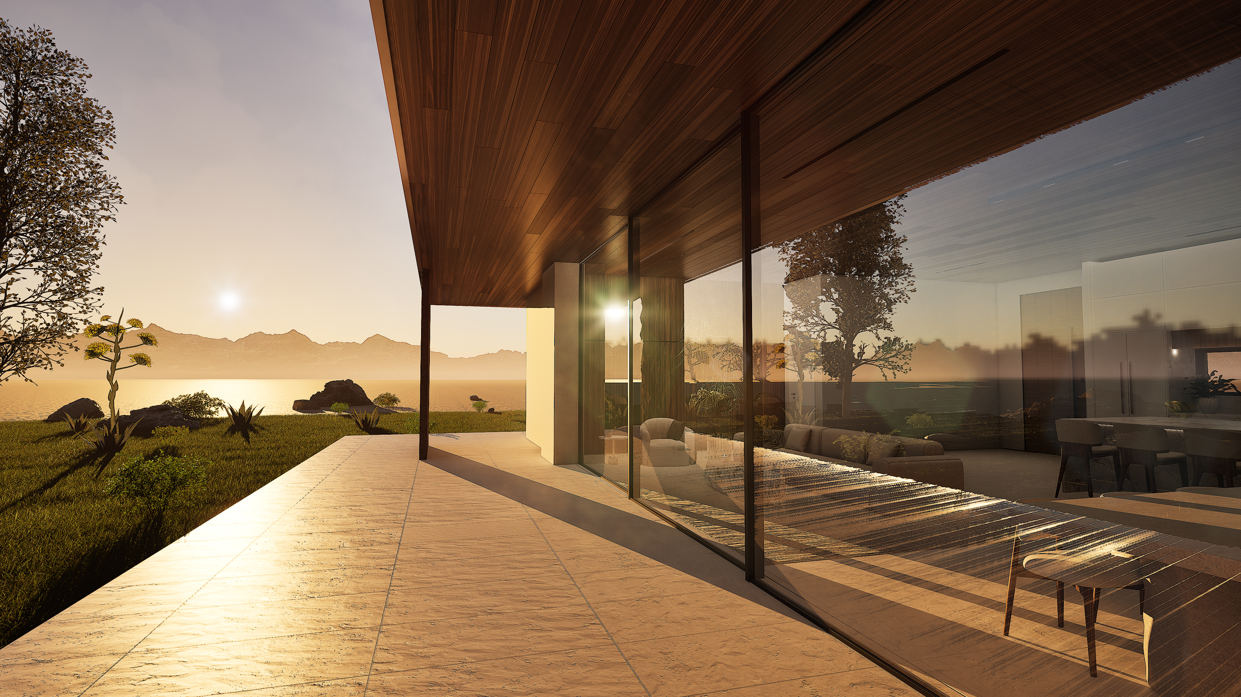 Entry courtyard of Shadow Wash Pavilion, a contemporary desert residence by Mystic Sand featuring floor-to-ceiling glass, warm wood soffits, limestone paving, and sunset views across the Mojave Desert.