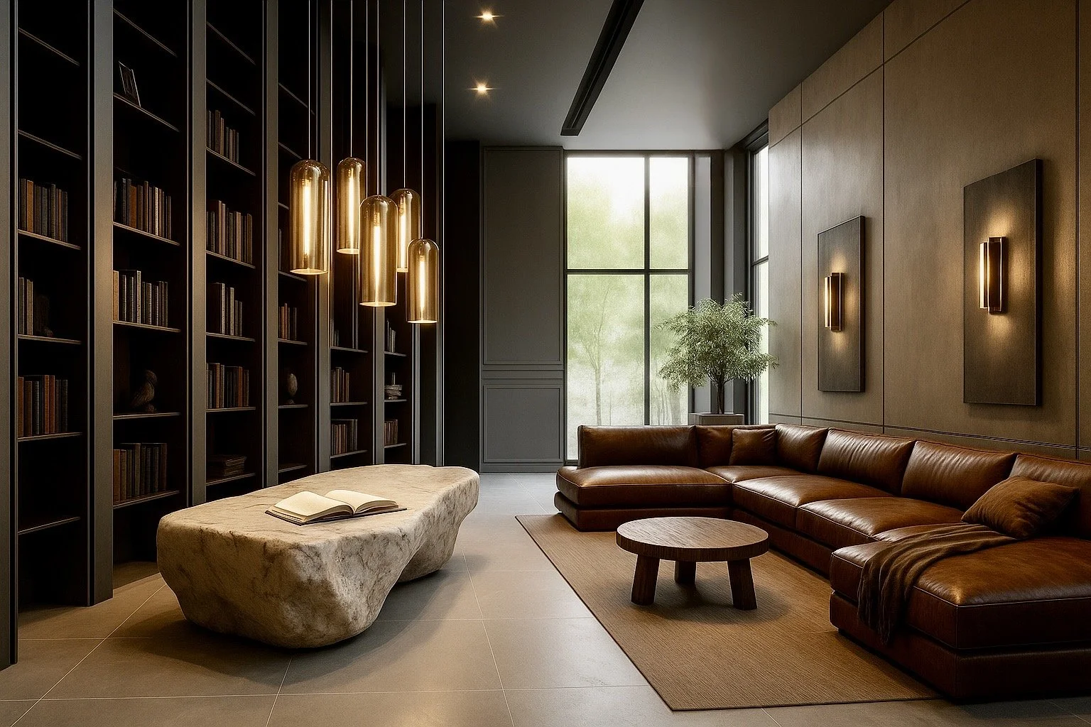 Luxury living-library with raw stone coffee table, leather sectional, and modern pendant lighting — desert-inspired interior by Mystic Sand