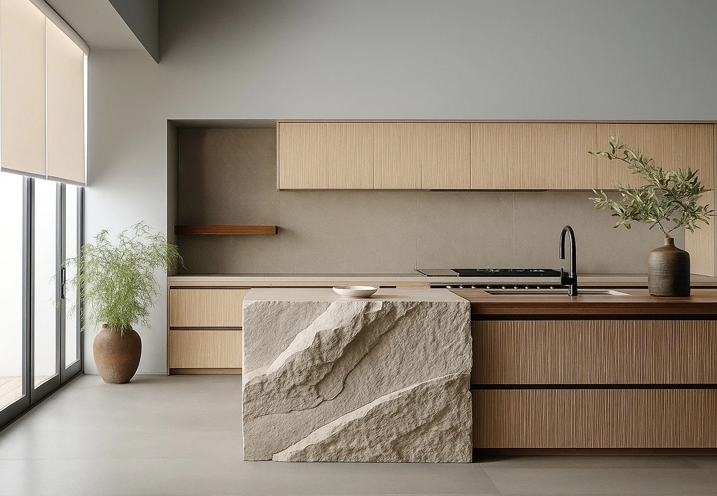 Minimalist luxury kitchen with raw stone island, warm wood cabinets, and natural light — modern desert design by Mystic Sand