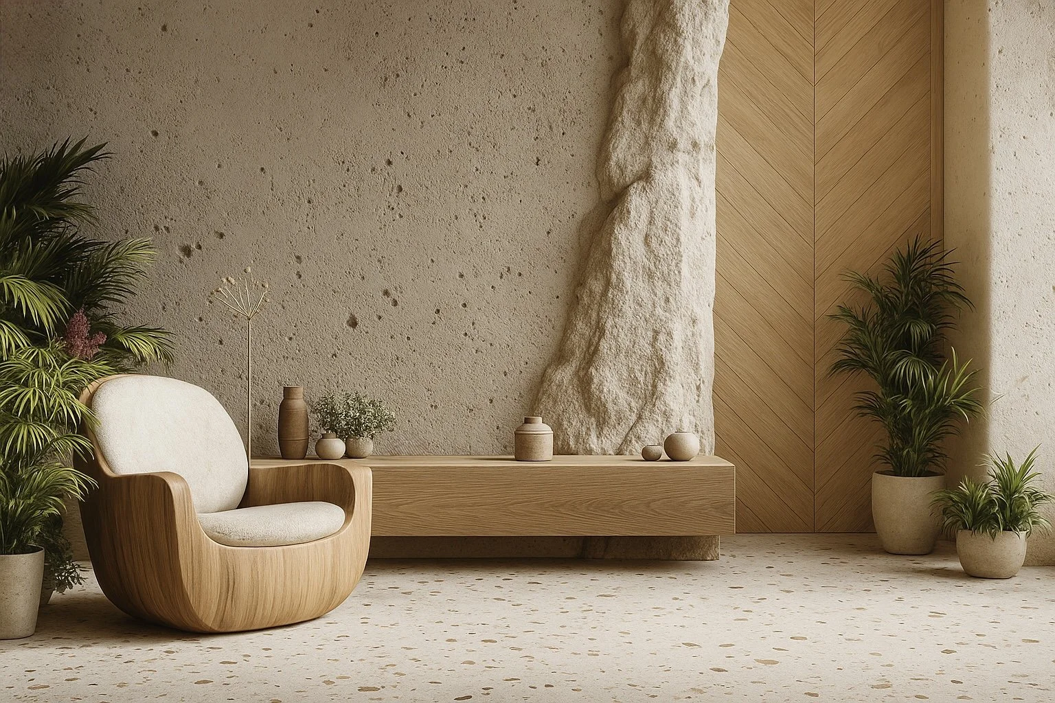 Modern organic minimalist interior with wooden furniture, potted plants, textured wall, and decorative vases.