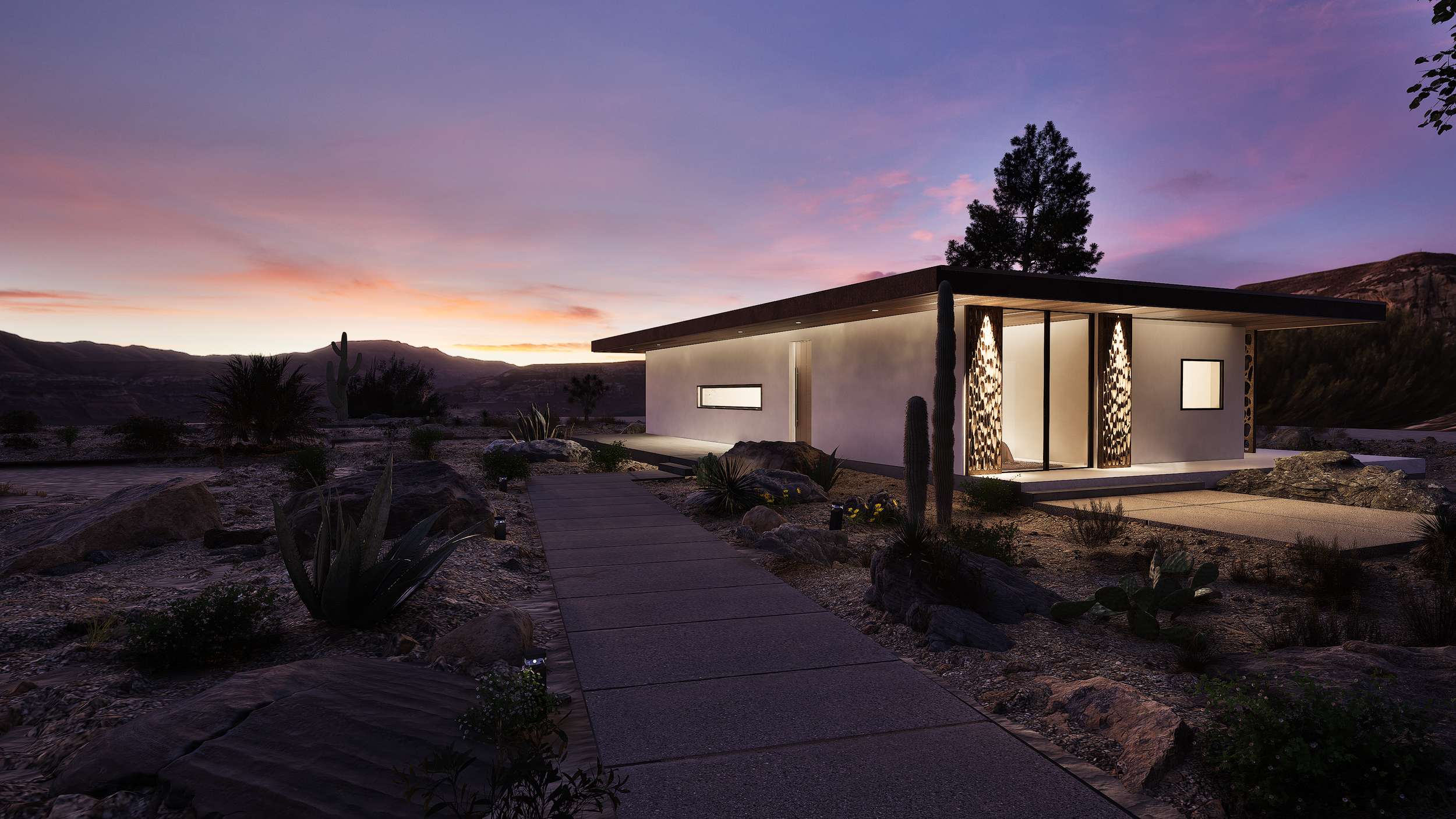 Shadow Wash Pavilion at dusk in Twentynine Palms, California, featuring contemporary desert architecture, sculptural entry screens, native landscaping, and a minimalist residential design by Mystic Sand.