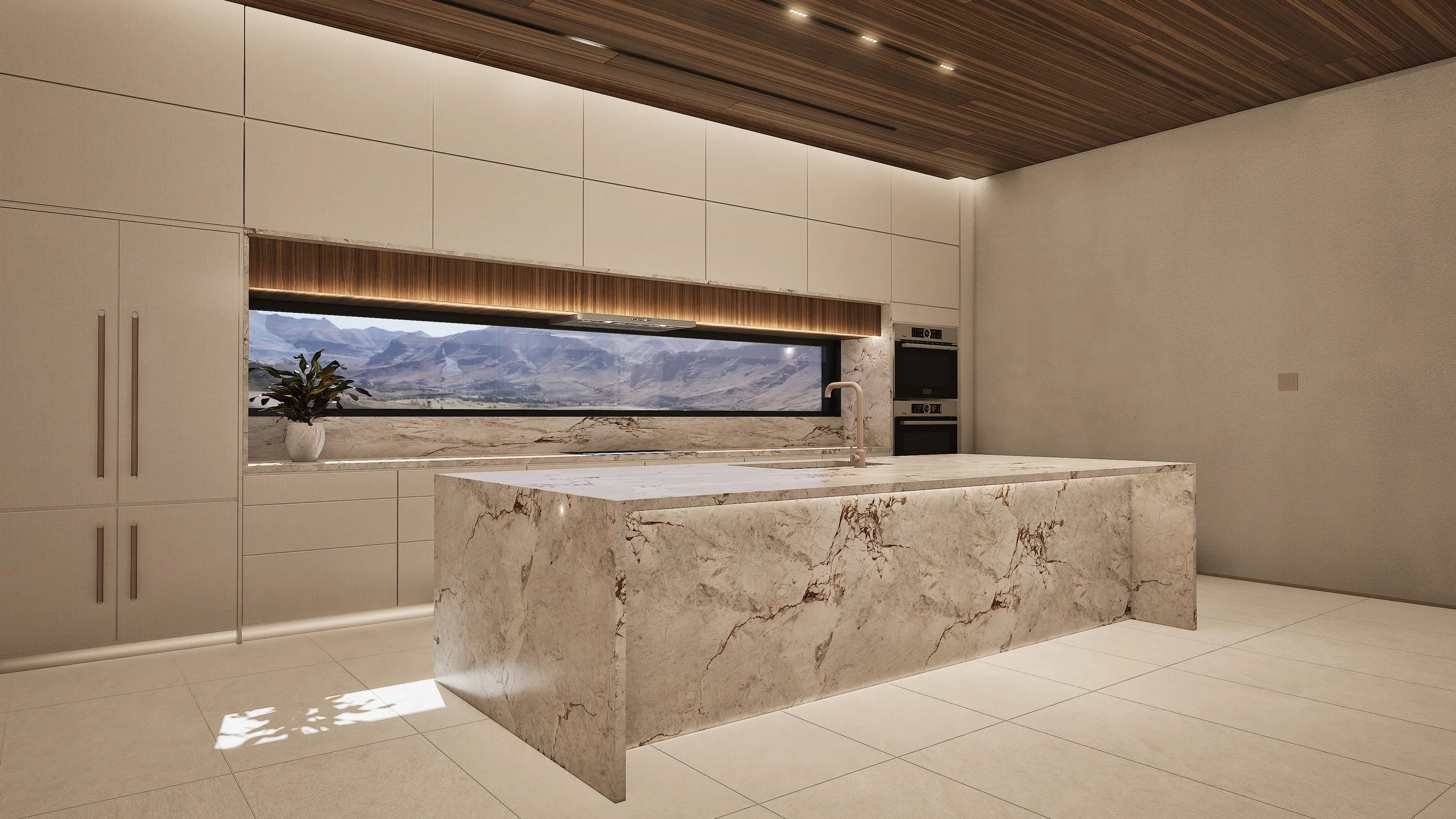 Kitchen at Shadow Wash Pavilion by Mystic Sand in Twentynine Palms, California, featuring a sculptural natural stone island, custom cabinetry, floor-to-ceiling materials, and a panoramic Mojave Desert view.