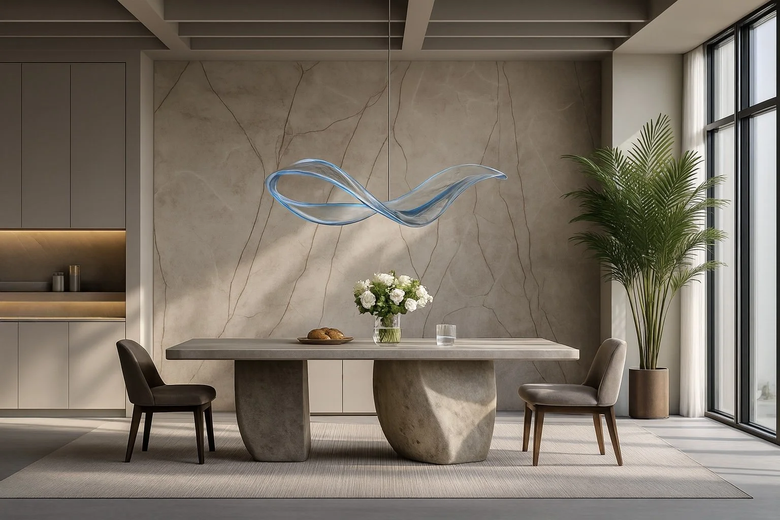 Modern dining room with sculptural stone dining table, fluid glass pendant, neutral walls, and desert-inspired interior design by Mystic Sand.