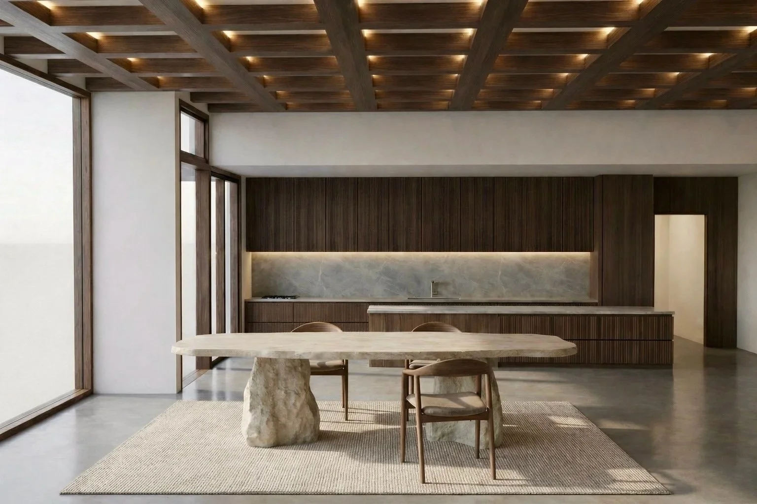 Kitchen and dining area at Shadow Wash Pavilion by Mystic Sand featuring natural stone surfaces, warm wood cabinetry, a sculptural dining table, and contemporary desert-inspired design.