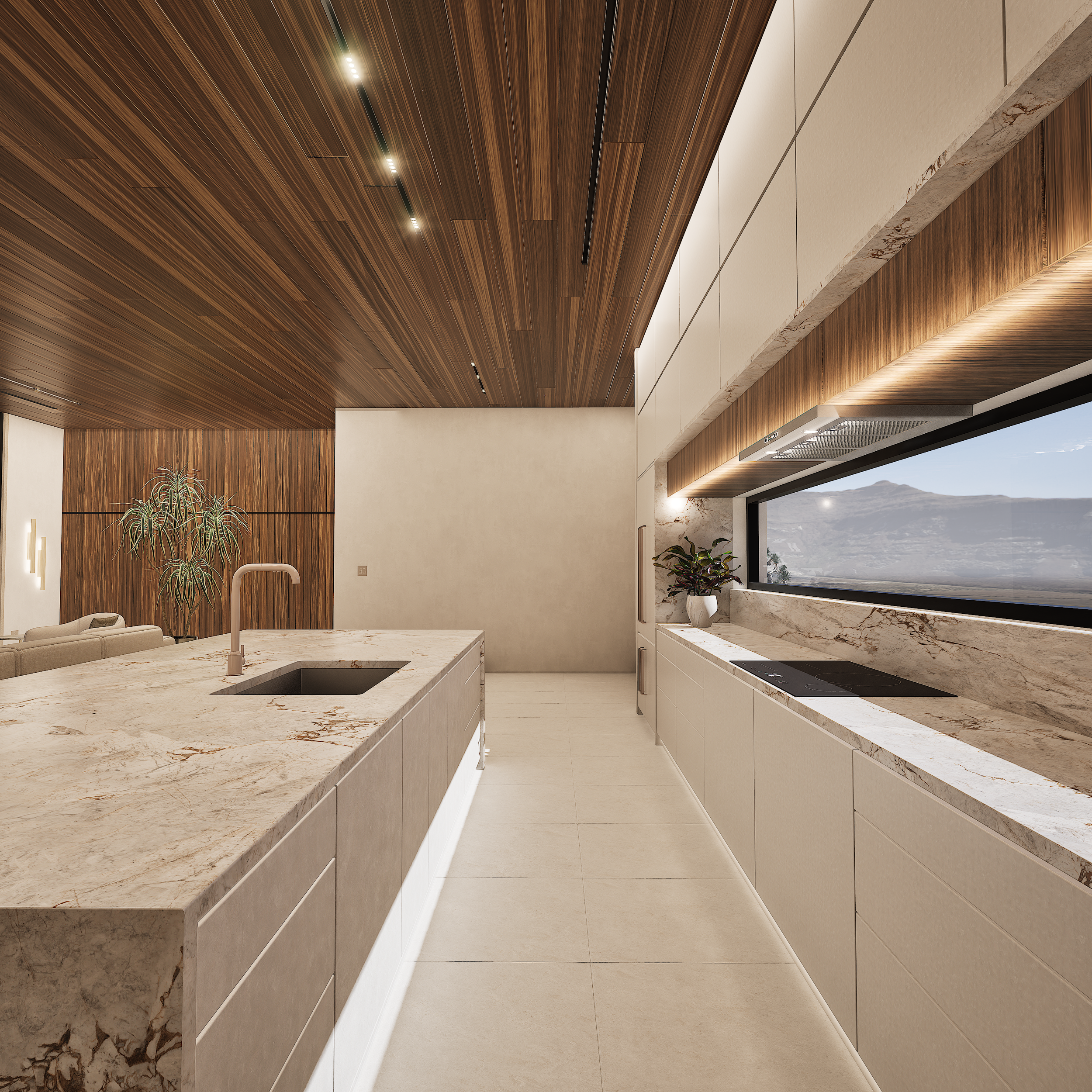 Kitchen at Shadow Wash Pavilion by Mystic Sand in Twentynine Palms, California, featuring a natural stone waterfall island, custom cabinetry, warm wood ceiling, integrated lighting, and a panoramic window overlooking the Mojave Desert.