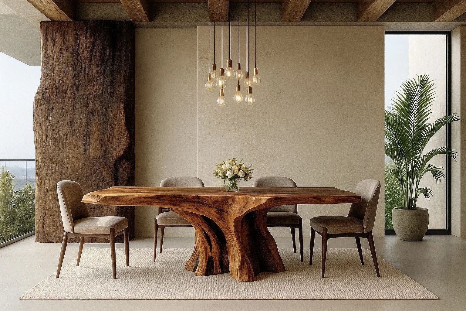 Luxury dining room with sculptural raw wood table, neutral upholstered chairs, natural stone wall, and minimalist pendant lights — modern organic desert interior design by Mystic Sand.