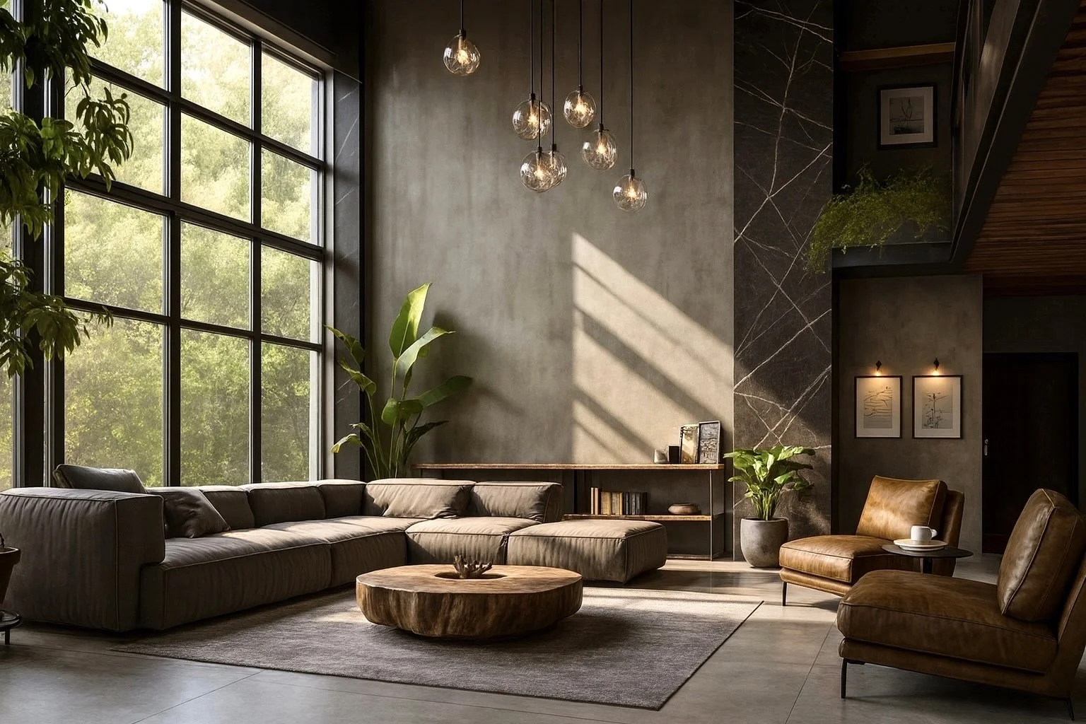 Luxury living room with modular sofa, raw wood coffee table, large windows, and desert-inspired interior design by Mystic Sand.