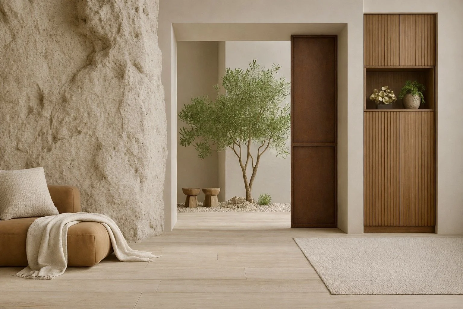 Luxury Palm Desert interior design with plaster walls, indoor courtyard, and warm minimalist styling.