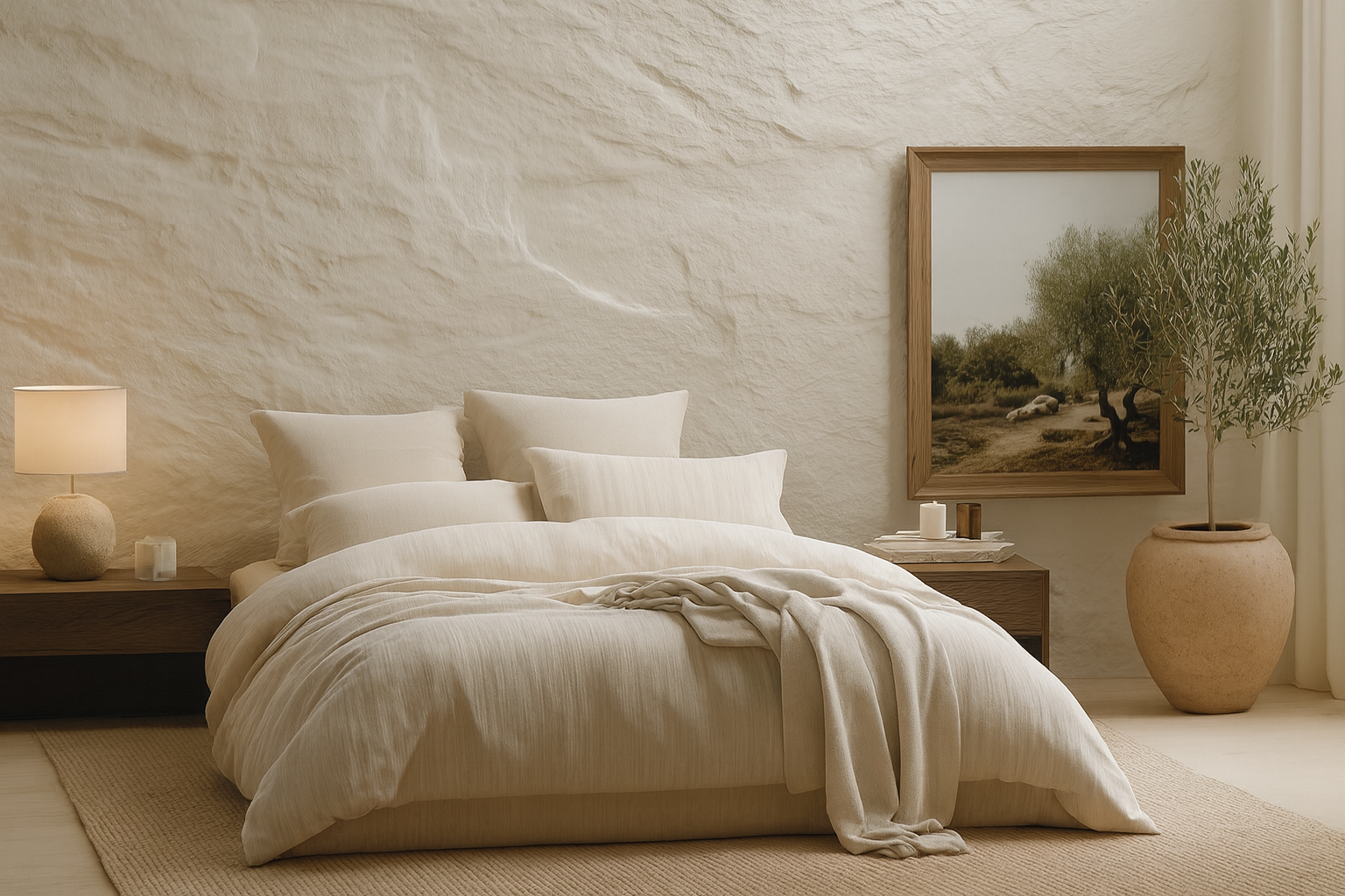 Minimalist neutral bedroom with textured plaster wall, layered cream bedding, and Mediterranean olive tree — quiet luxury design by Mystic Sand