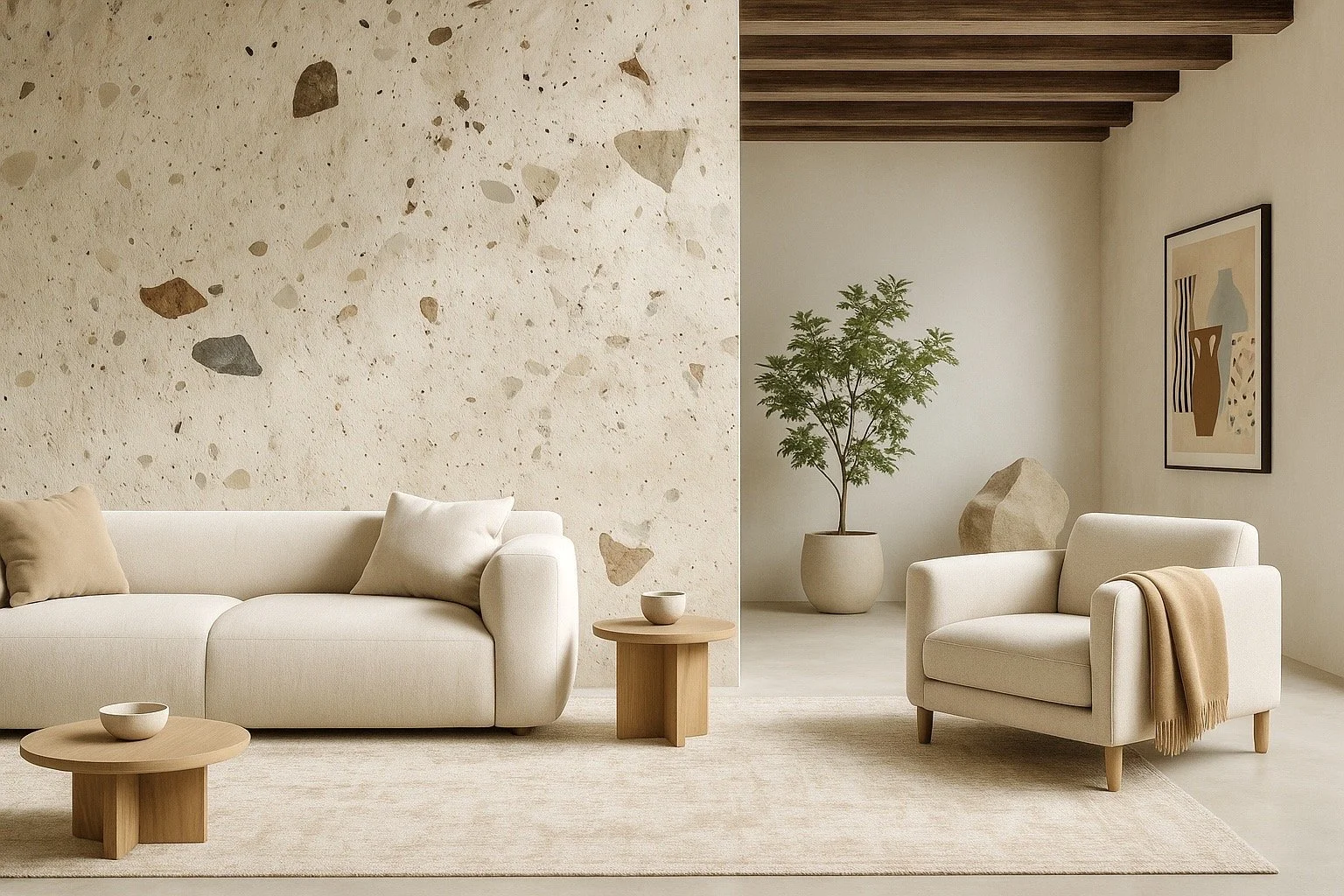 Minimalist luxury living room with cream sofa, armchair, terrazzo feature wall, natural wood coffee tables, indoor tree in ceramic pot, abstract art, and neutral beige rug. Calm contemporary organic interior design.