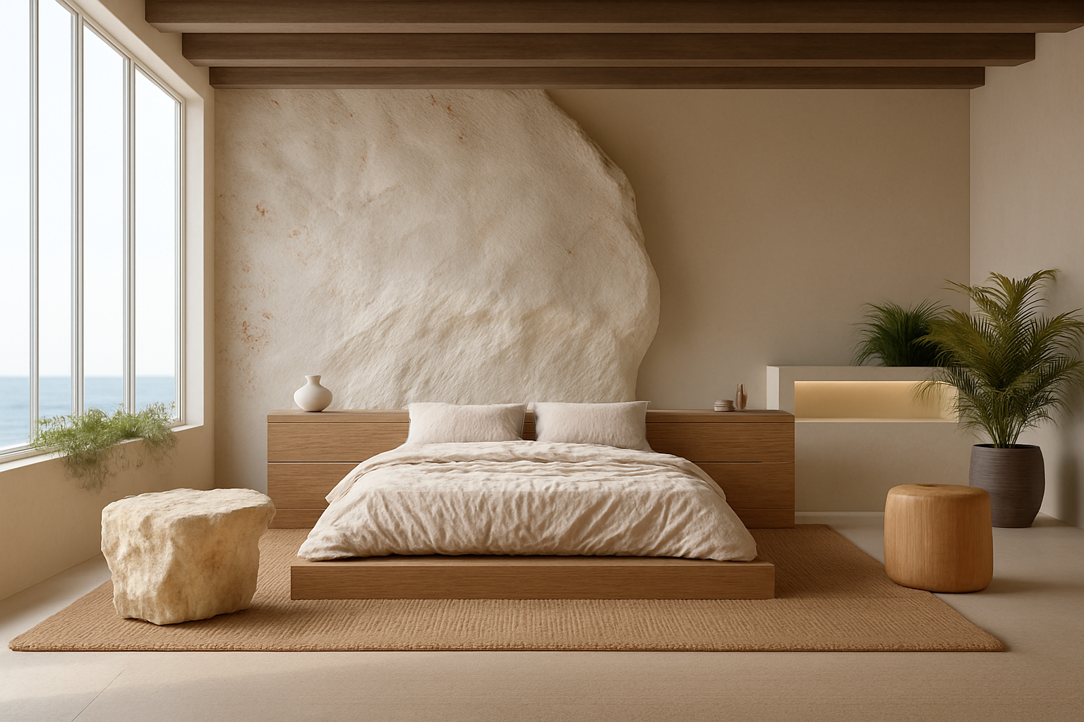 Minimalist bedroom with raw stone feature wall, low oak bed, neutral bedding, and coastal natural light — quiet luxury by Mystic Sand