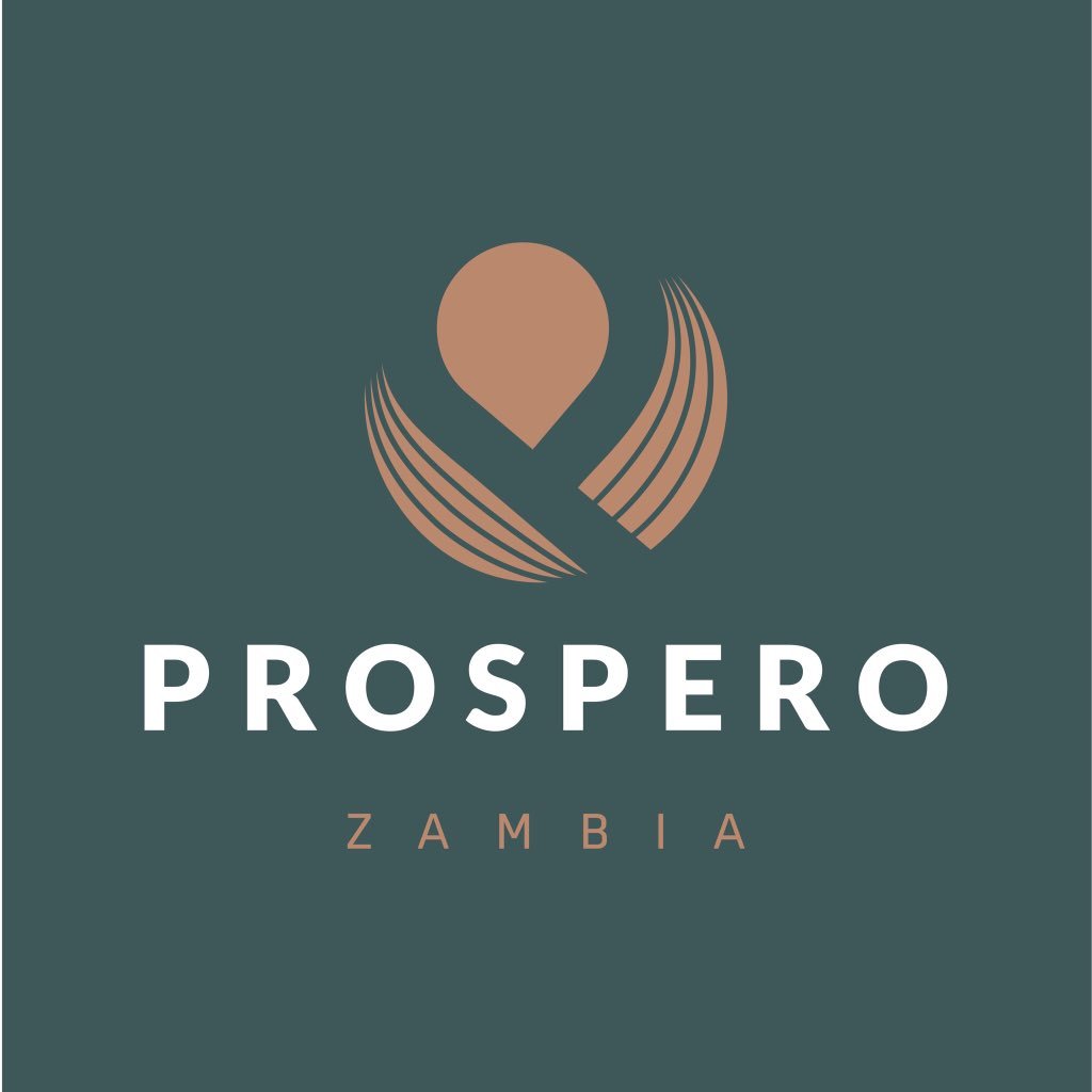 A dark green background with a stylized leaf and circle logo in light brown above the white text 'PROSPERO' and the smaller brown text 'ZAMBIA'.