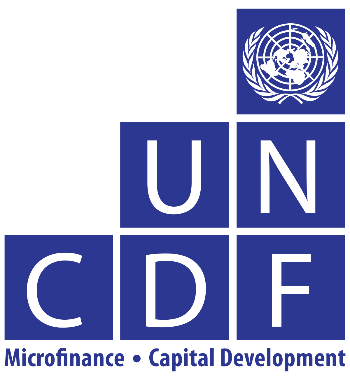 UNDP logo with blue squares containing white letters UN C D F, the United Nations logo in the top right corner, and the words 'Microfinance - Capital Development' at the bottom.