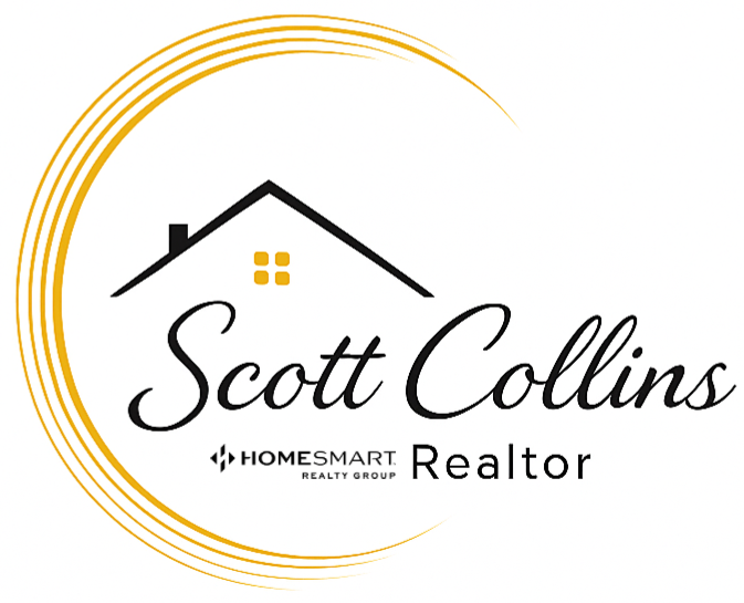 Logo for Scott Collins, Realtor, with a stylized house roof and yellow window, and a gold circular design.