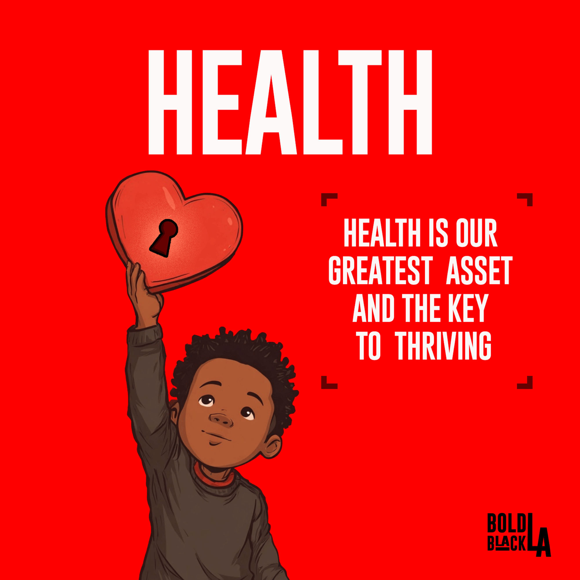 Health pillar graphic showing a child holding a heart-shaped symbol, representing health as a key to thriving.