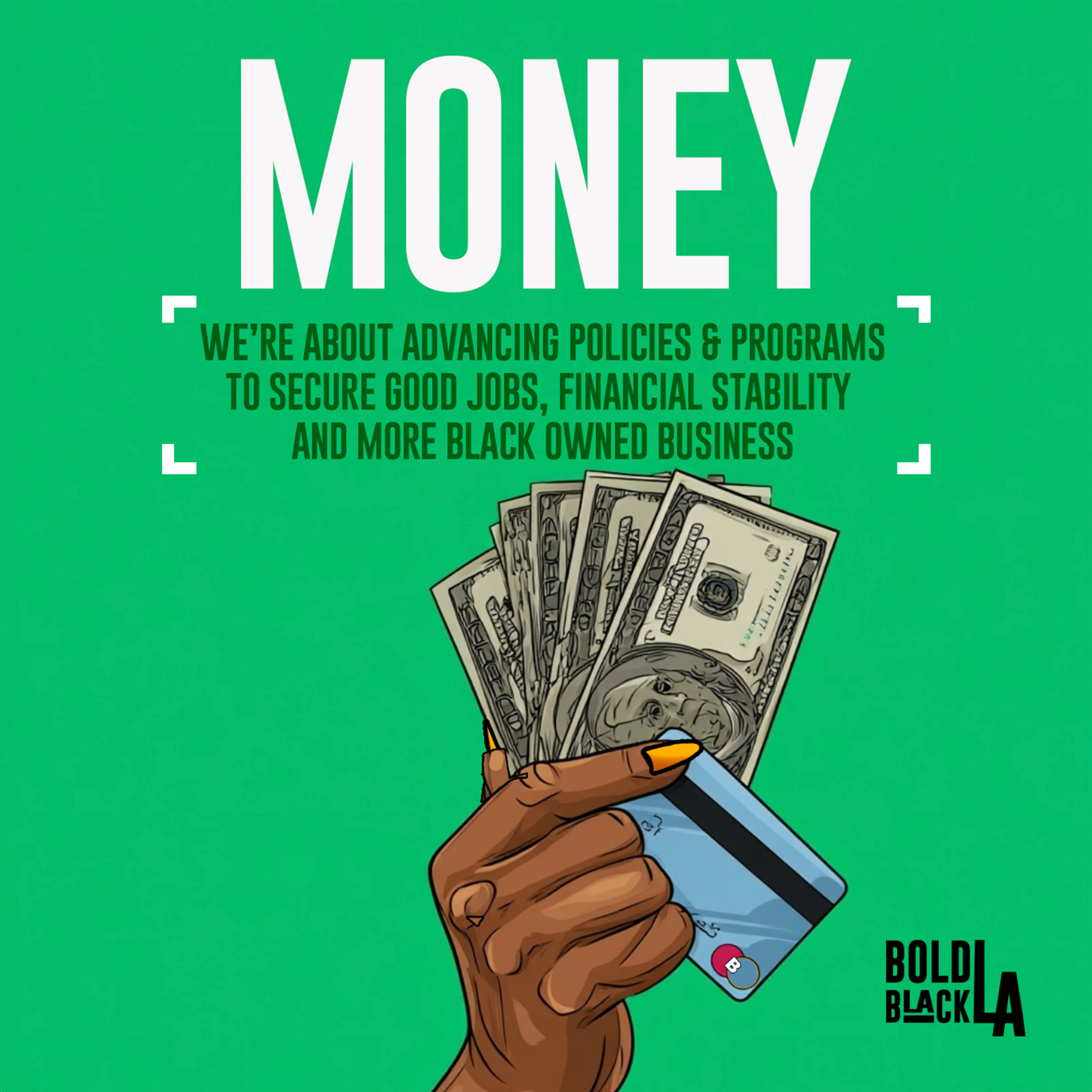 Money pillar graphic featuring a hand holding cash and a card, representing economic stability and Black-owned businesses.