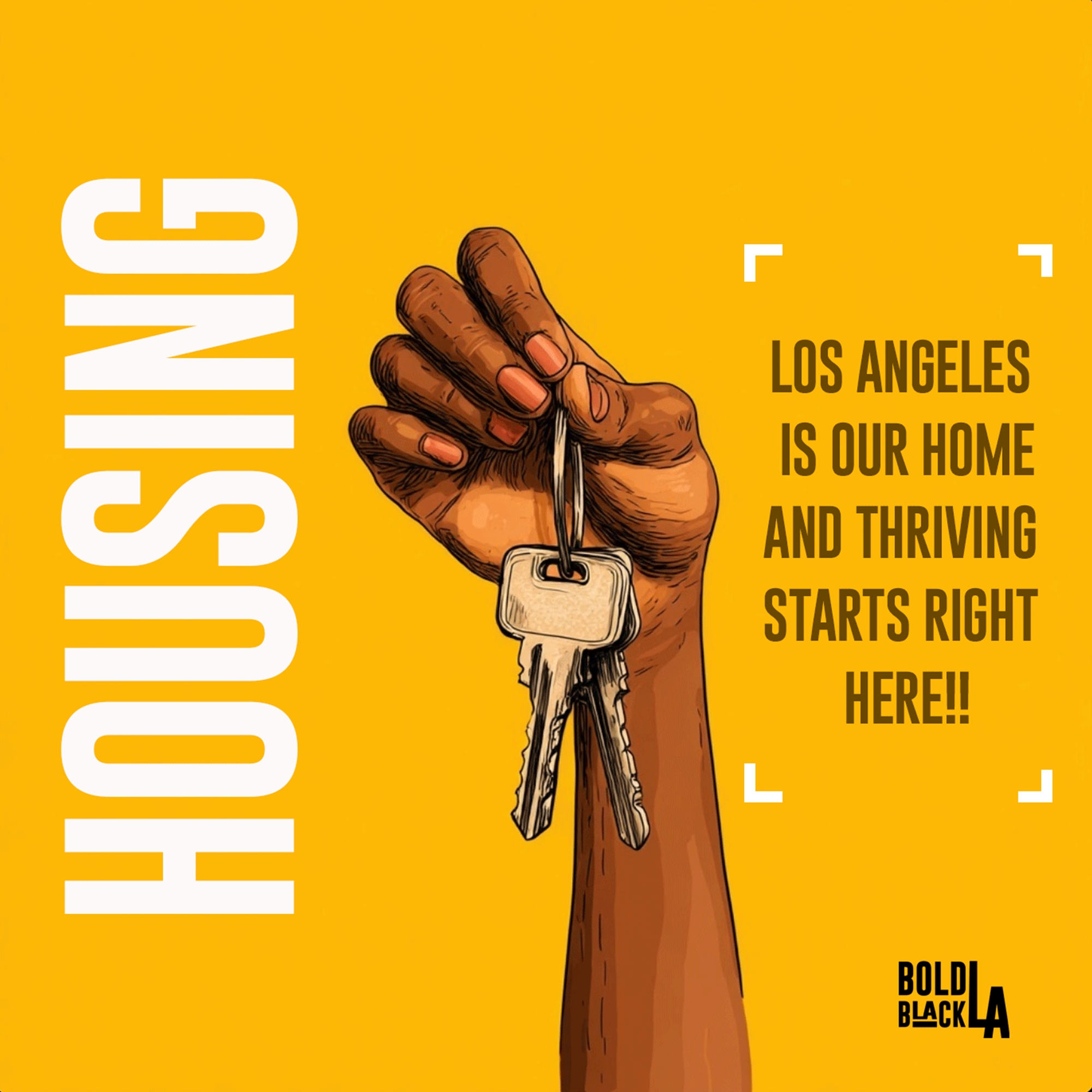 Housing pillar graphic with a hand holding house keys, representing stable housing for Black Angelenos.