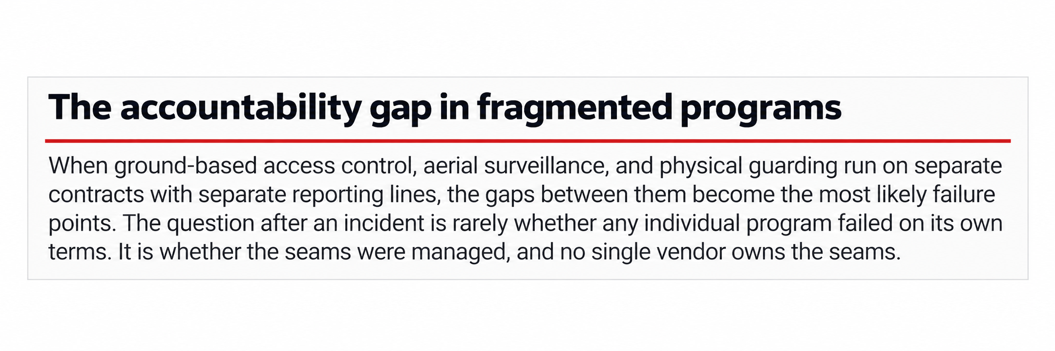 Fragmented access control, aerial surveillance, and guarding programs can create security accountability gaps