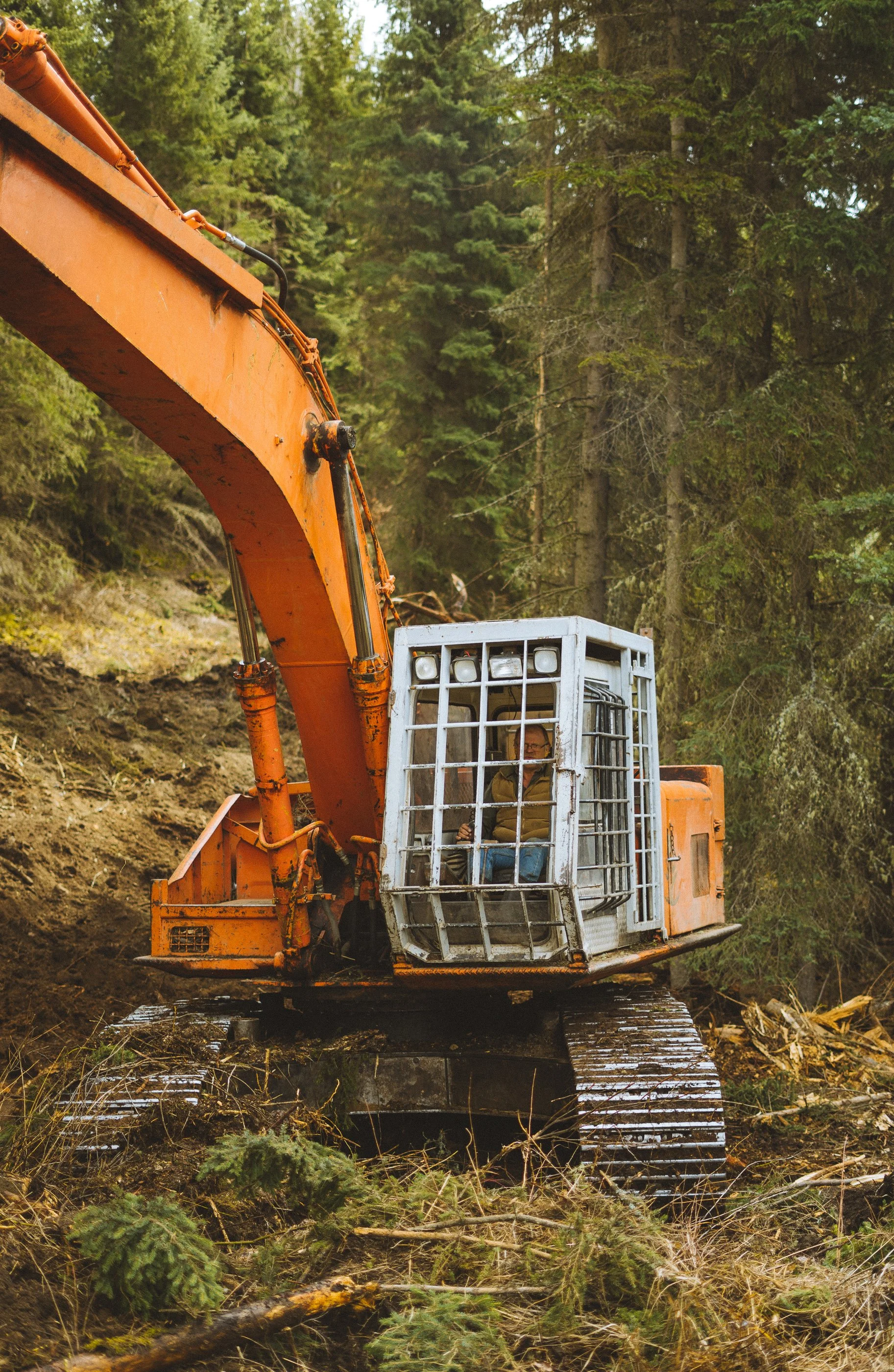 A person operating an orange excavator in a forested area, surrounded by trees and fallen branches.