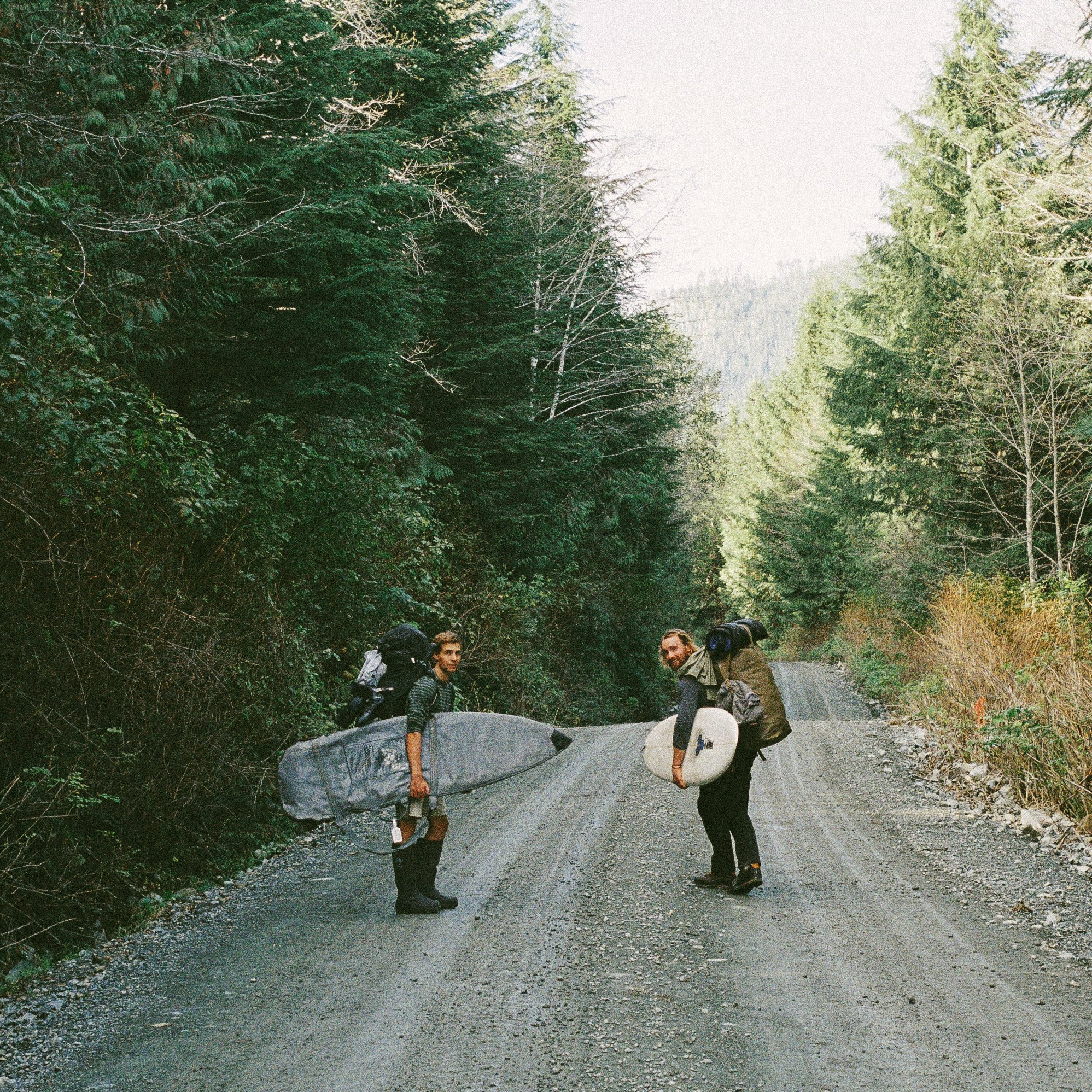 Two surfers with backpacks and surfboards walking on a dirt forest road.