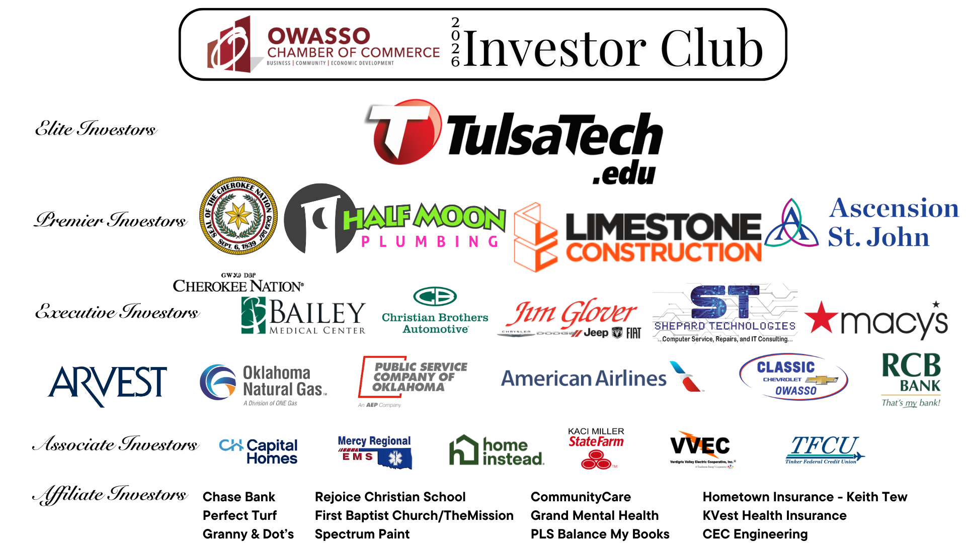 A flyer for the 2026 Owasso Chamber of Commerce Investor Club event featuring logos of various investors categorized as Elite Investees, Premier Investors, Executive Investors, Associate Investors, and Affiliate Investors.