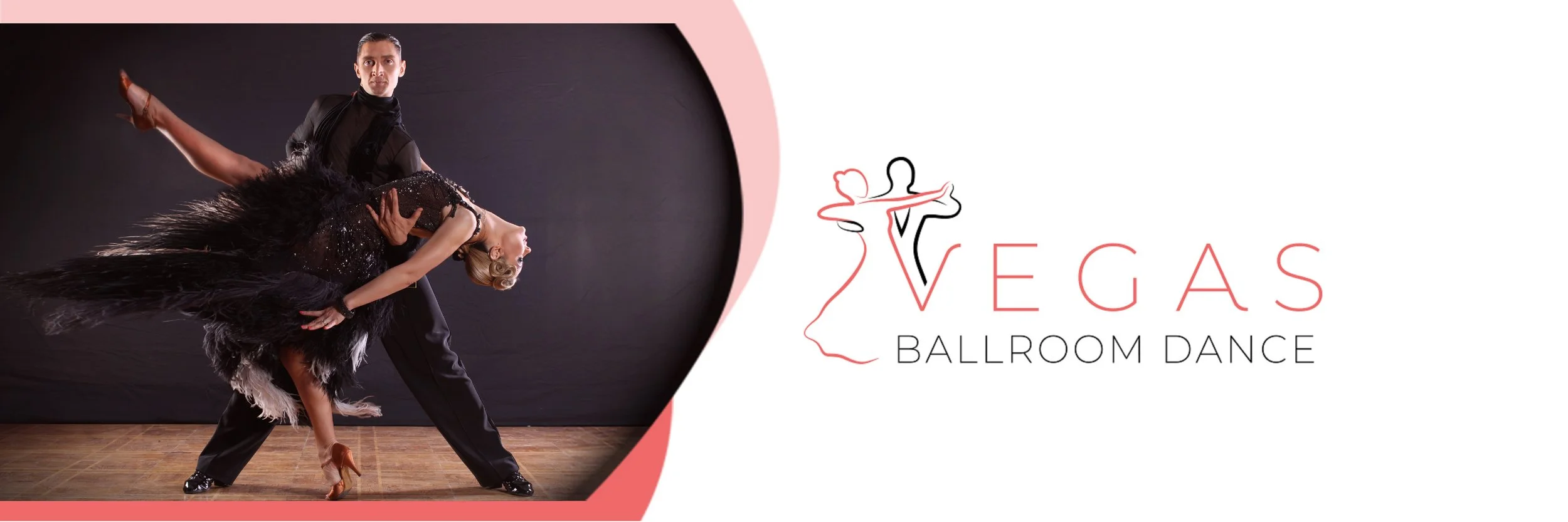 A couple dancing ballroom, with the woman in a black dress with feathers and the man in a black suit, performing a dip pose on a dance floor. A logo of a dancing couple with the text 'Vegas Ballroom Dance' is on the right side.