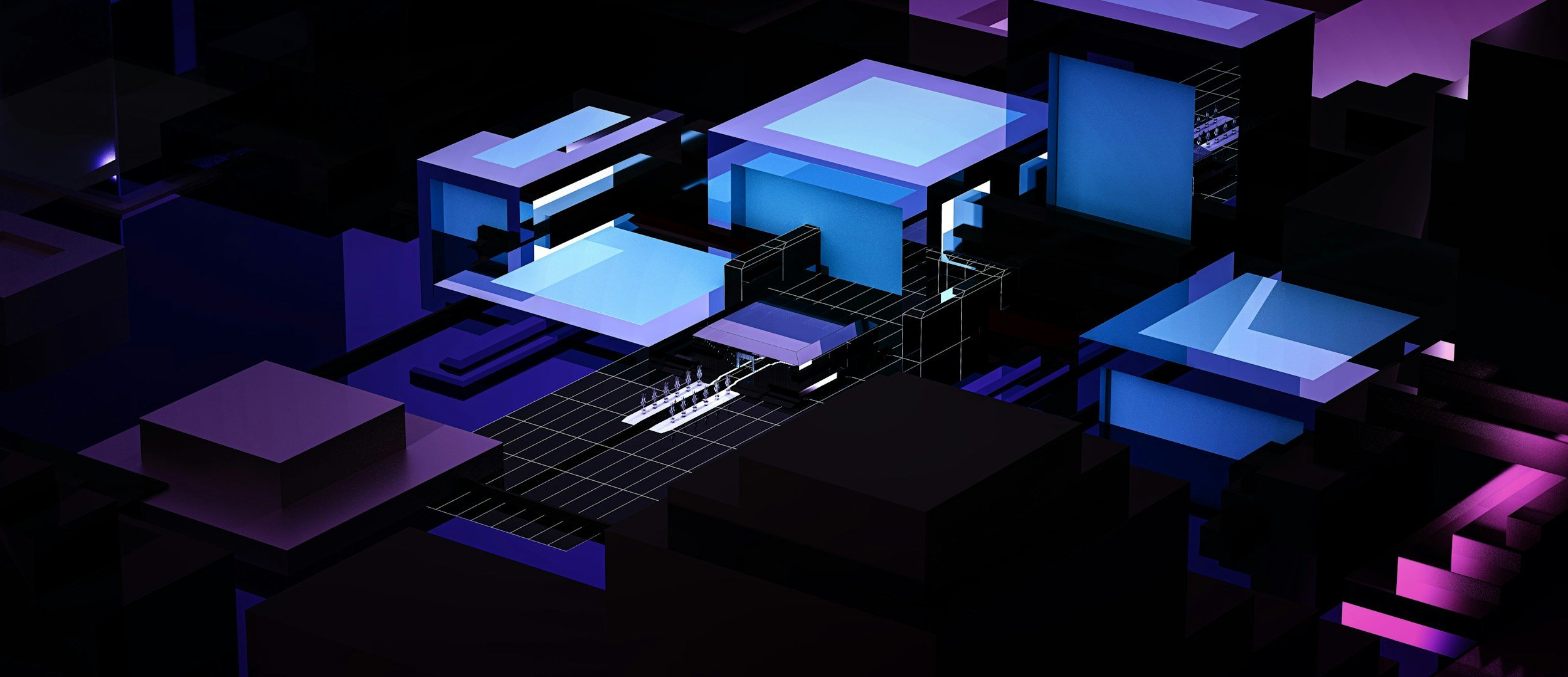 A digital, futuristic cityscape with glowing blue and purple geometric buildings and structures on a dark background.