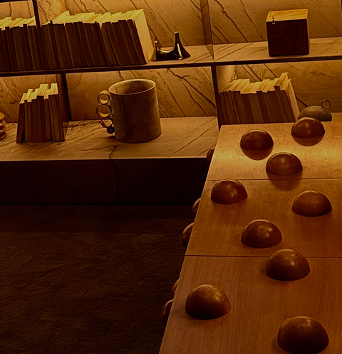 Estante com livros e objetos decorativos e uma mesa com bolas de madeira.