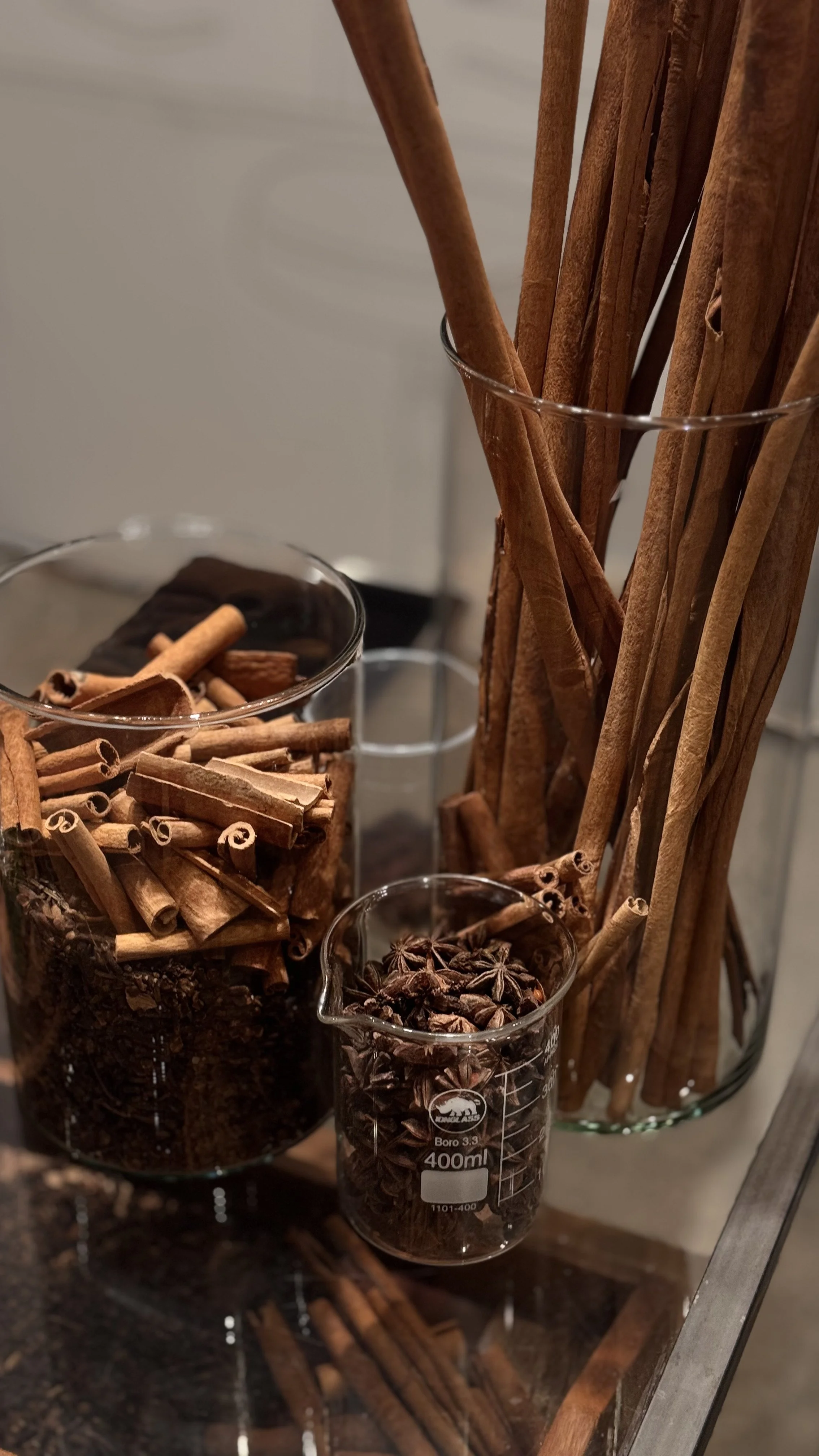 Variedades de canela em tubos e pedaços, incluindo canela em rama e em pó, em vasos de vidro.
